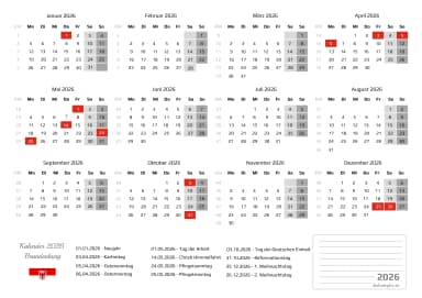 kalender 2026 mit Feiertagen