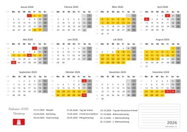 kalender 2026 mit schulferien