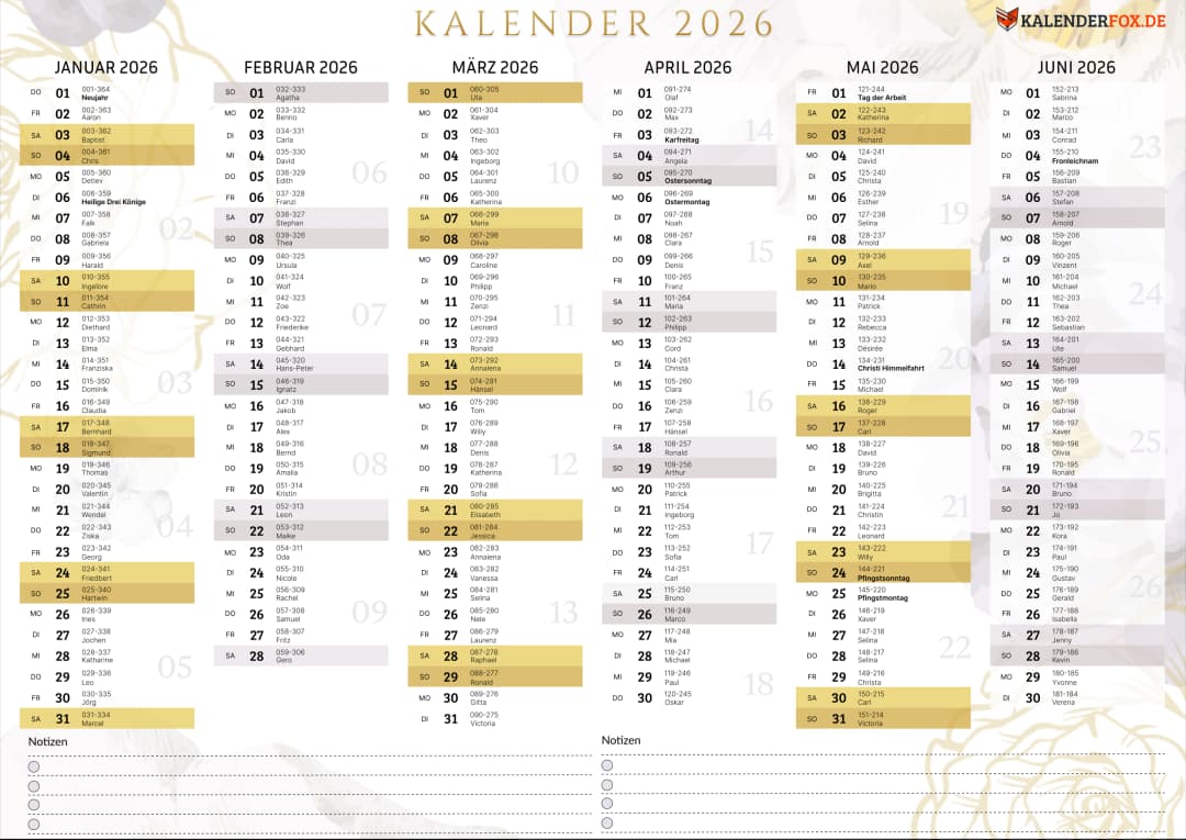 Aesthetic Kalender 2026 mit KW