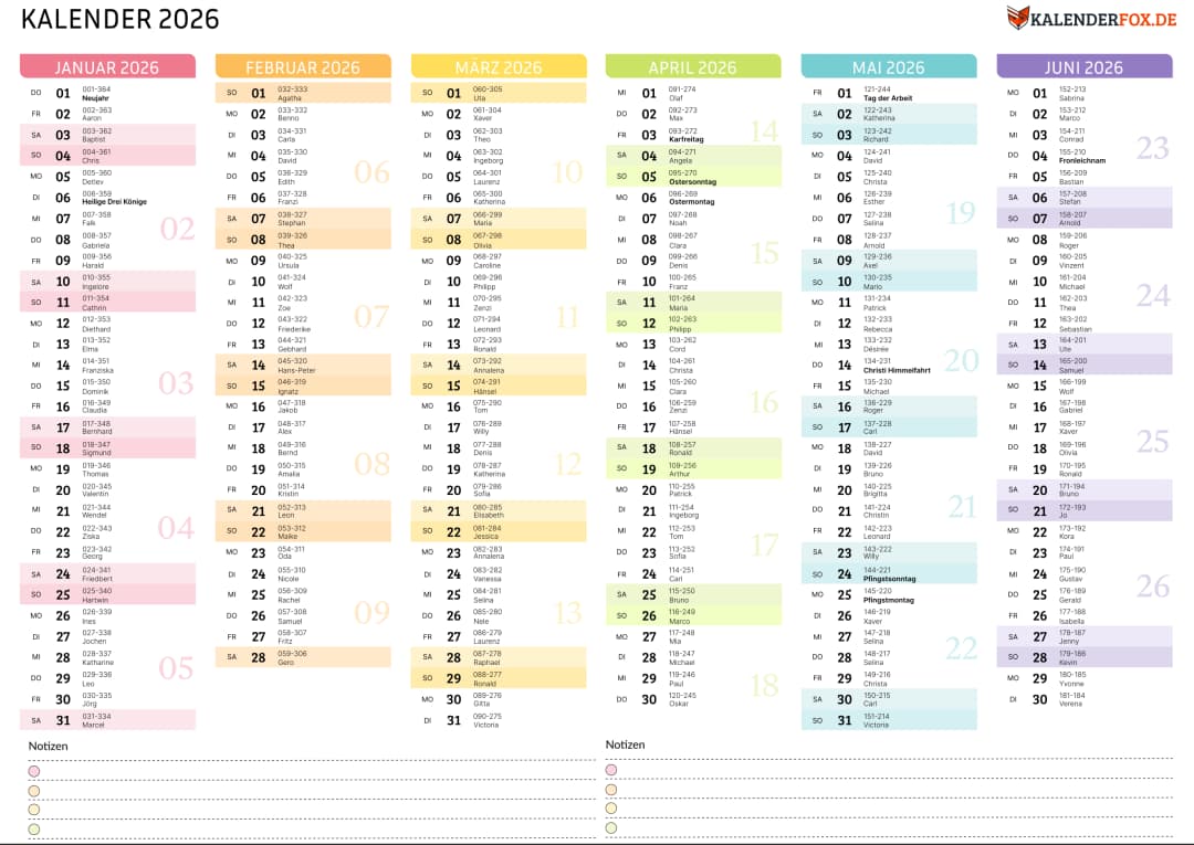 Farbenfroh Kalender 2026 mit KW
