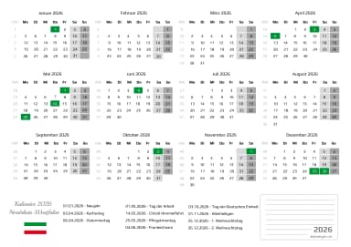 kalender 2026 mit Feiertagen