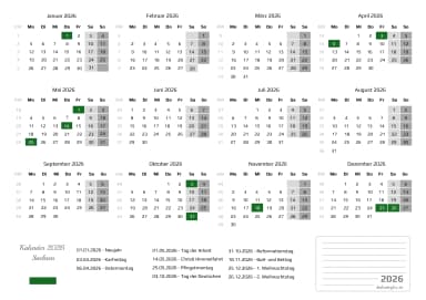 kalender 2026 mit Feiertagen