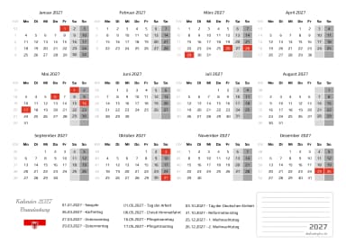 kalender 2027 mit Feiertagen