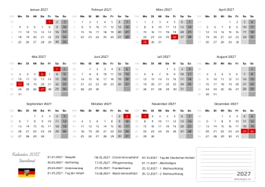 kalender 2027 mit Feiertagen