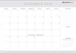 kalender dezember 2026 mit Feiertagen