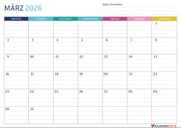 Gepunktete Kalender märz 2026 mit Notizen