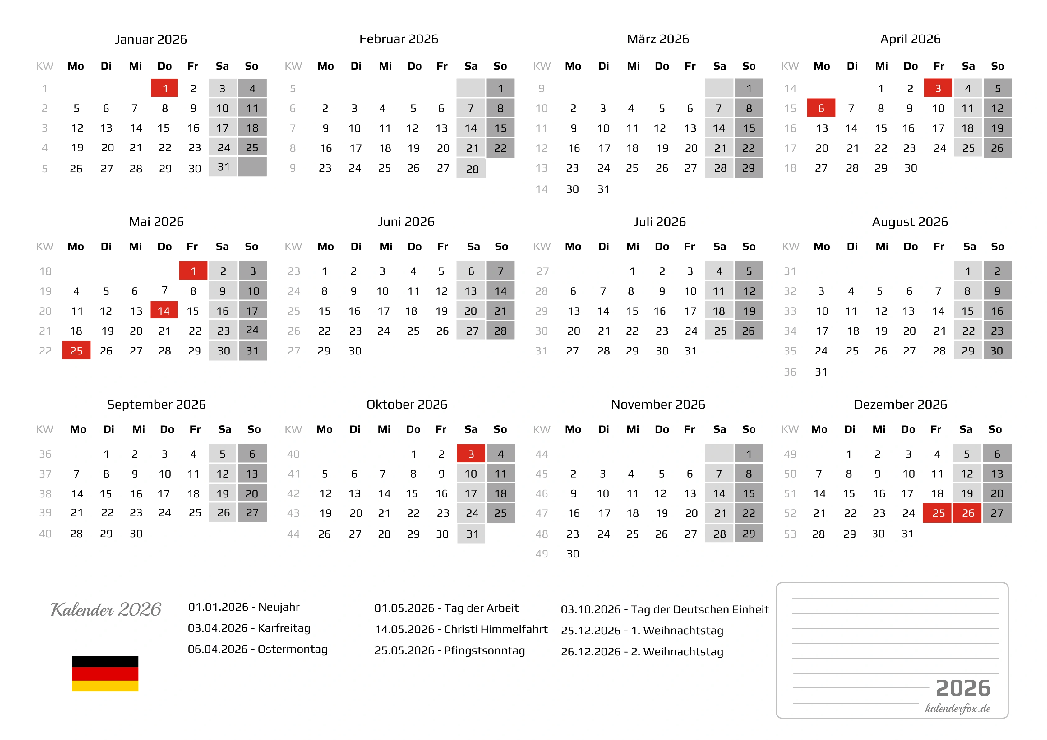 Kalender 2026 Zum Ausdrucken PDF Feitagen Ferien