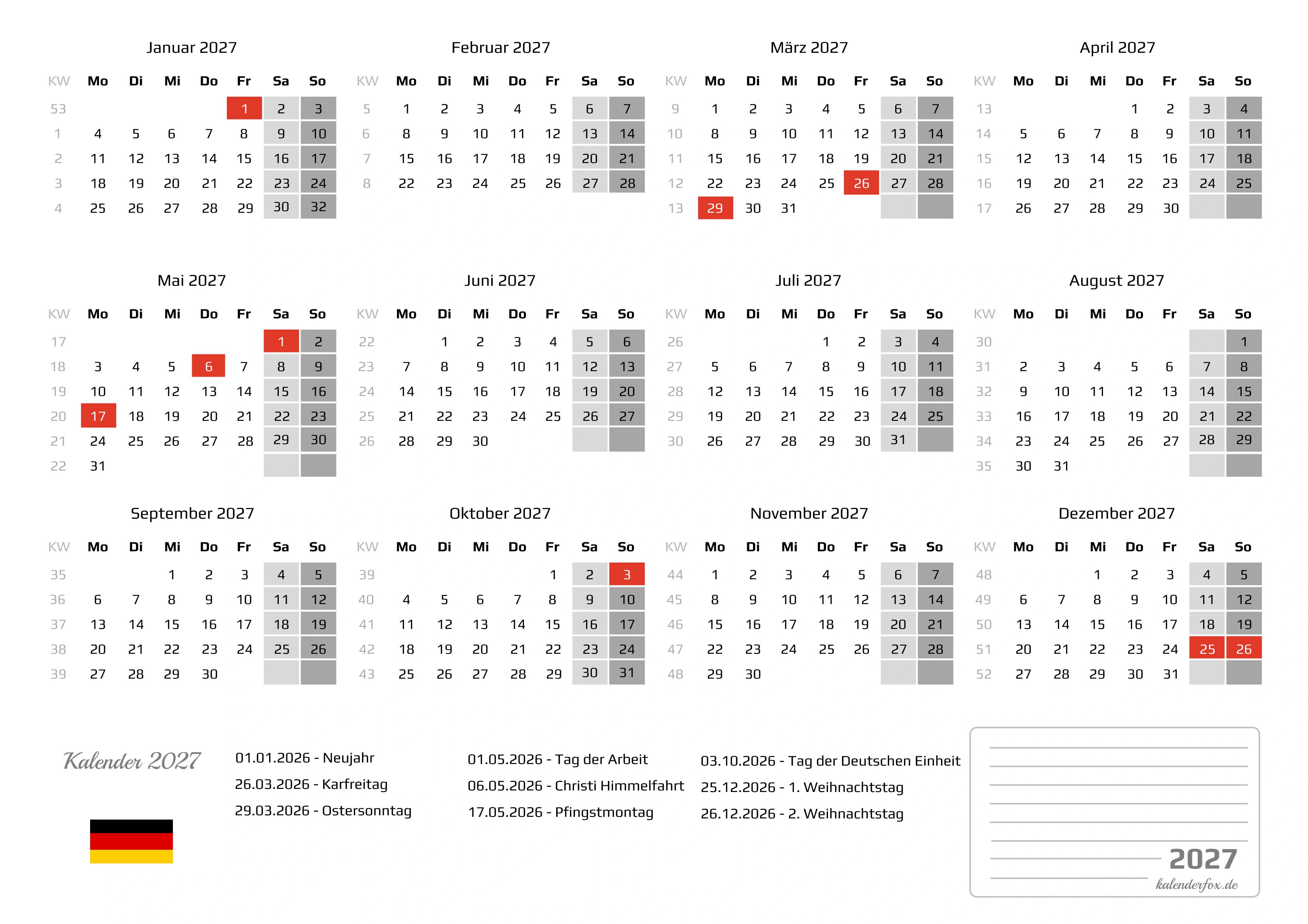 Kalender 2027 Zum Ausdrucken PDF Feitagen Ferien