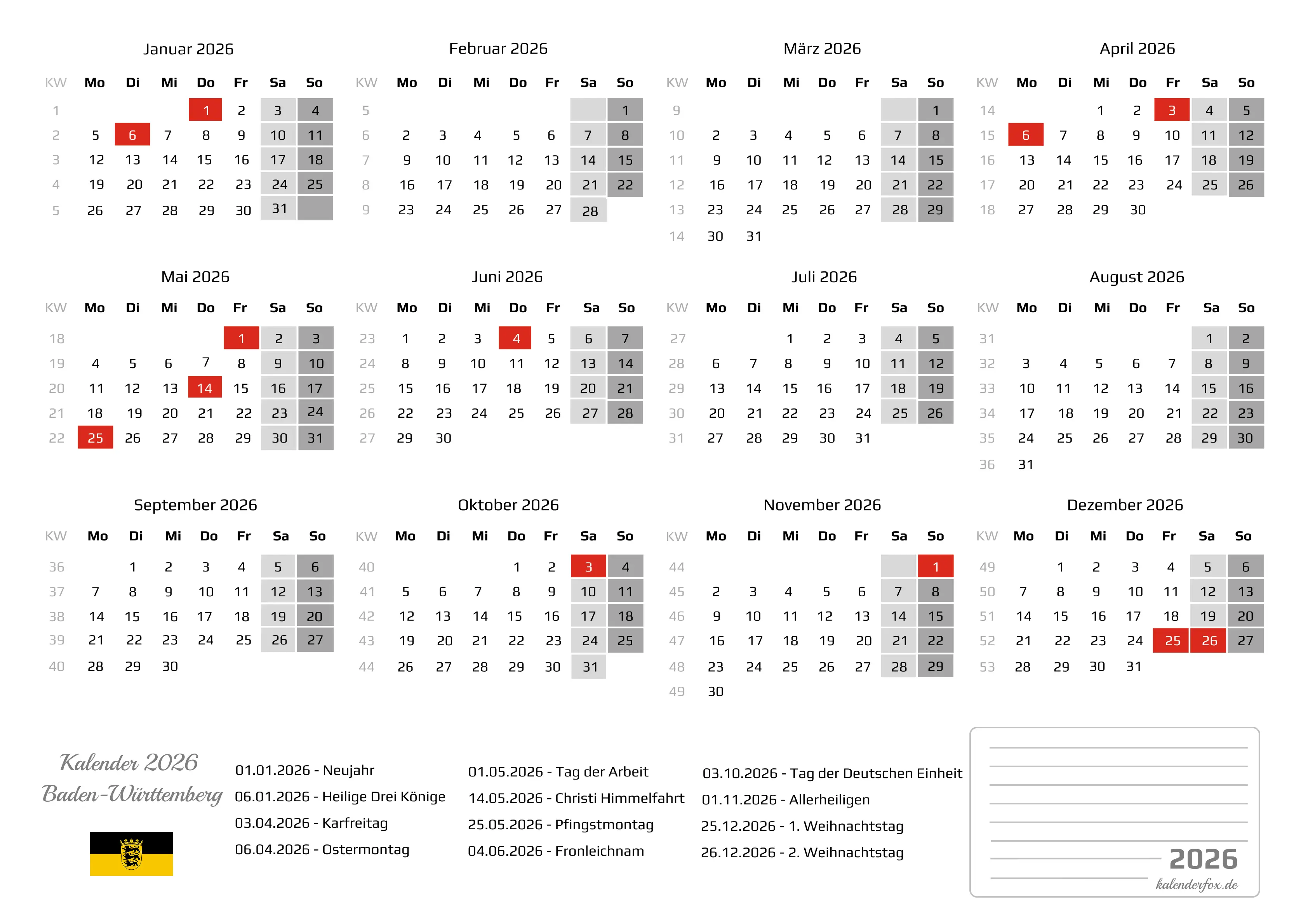 Kalender 2026 Baden-Württemberg mit Feiertagen