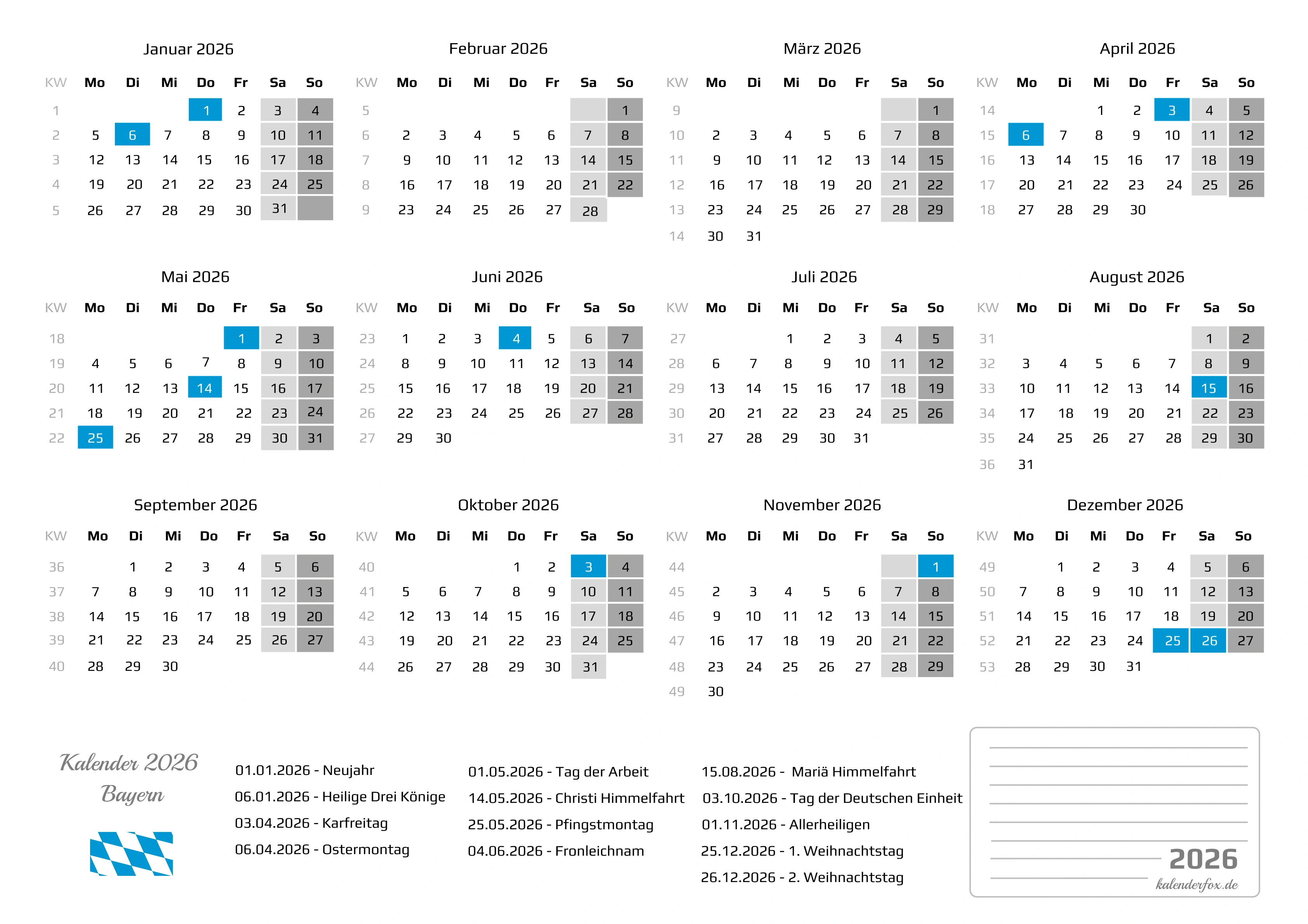 Kalender 2026 Bayern mit Feiertagen