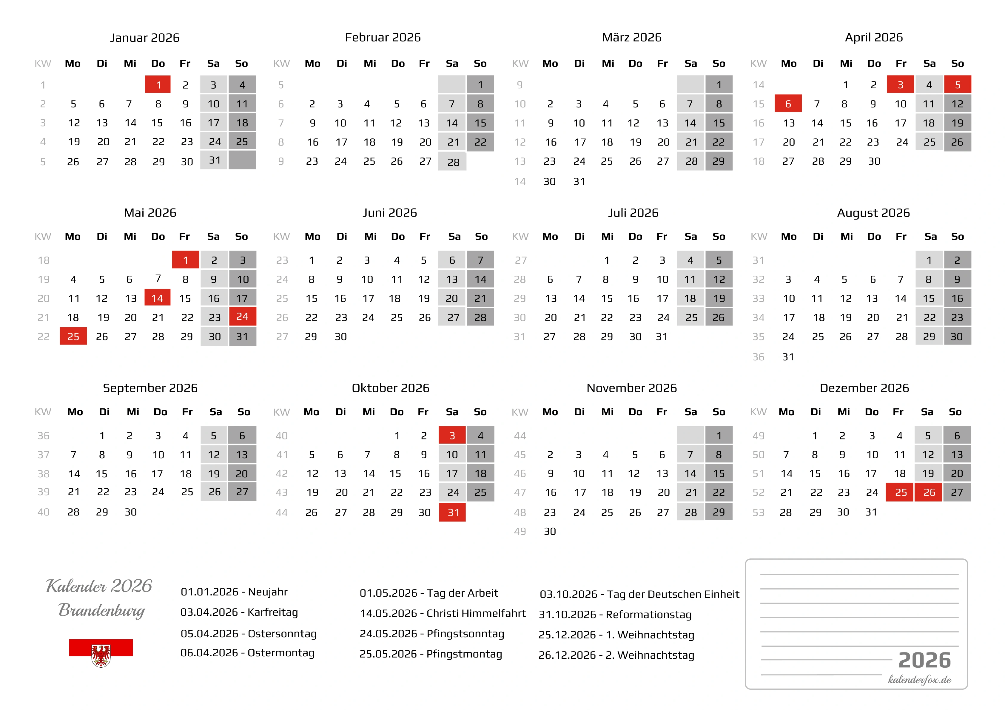 Kalender 2026 Brandenburg mit Feiertagen
