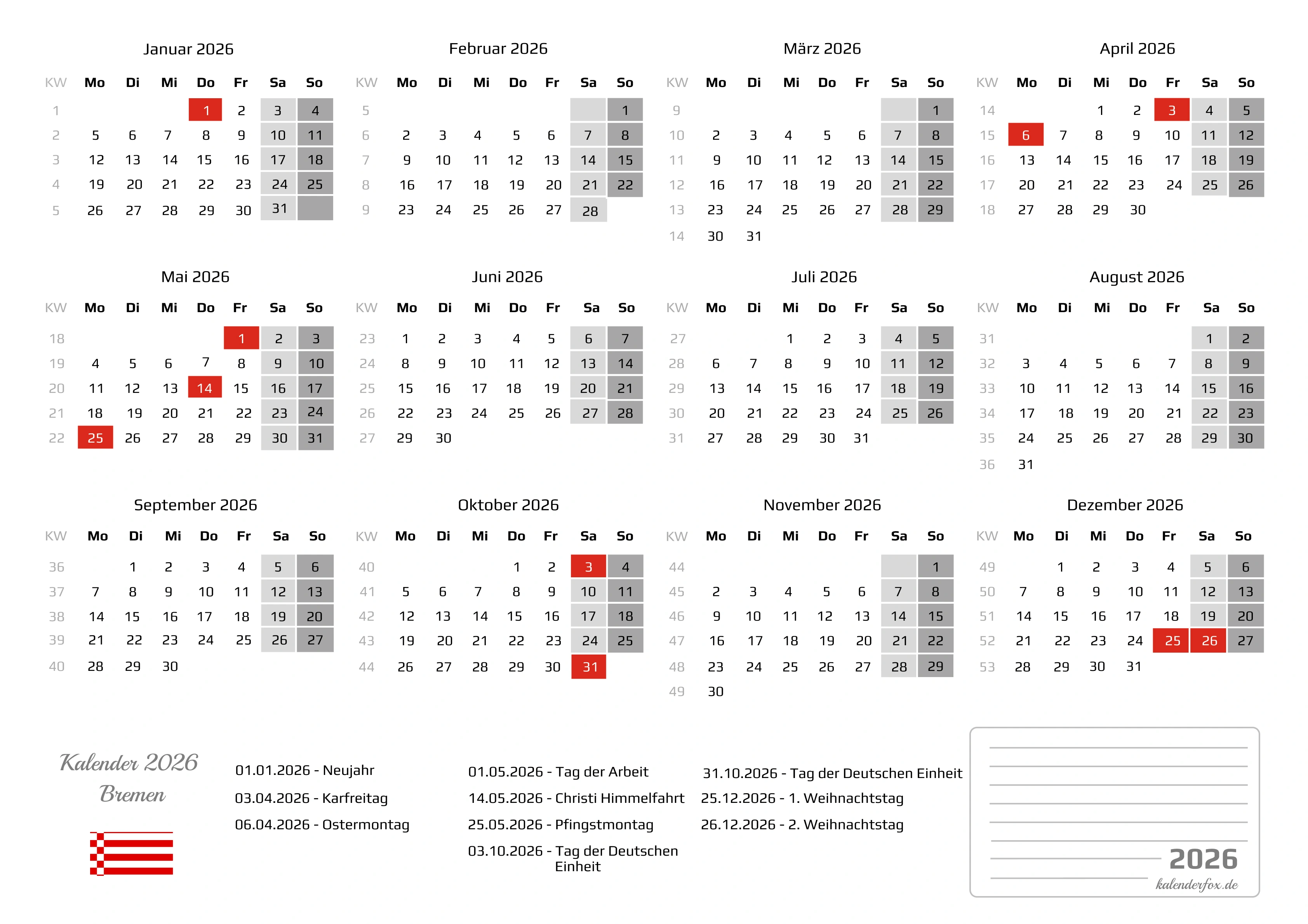 Kalender 2026 Bremen mit Feiertagen
