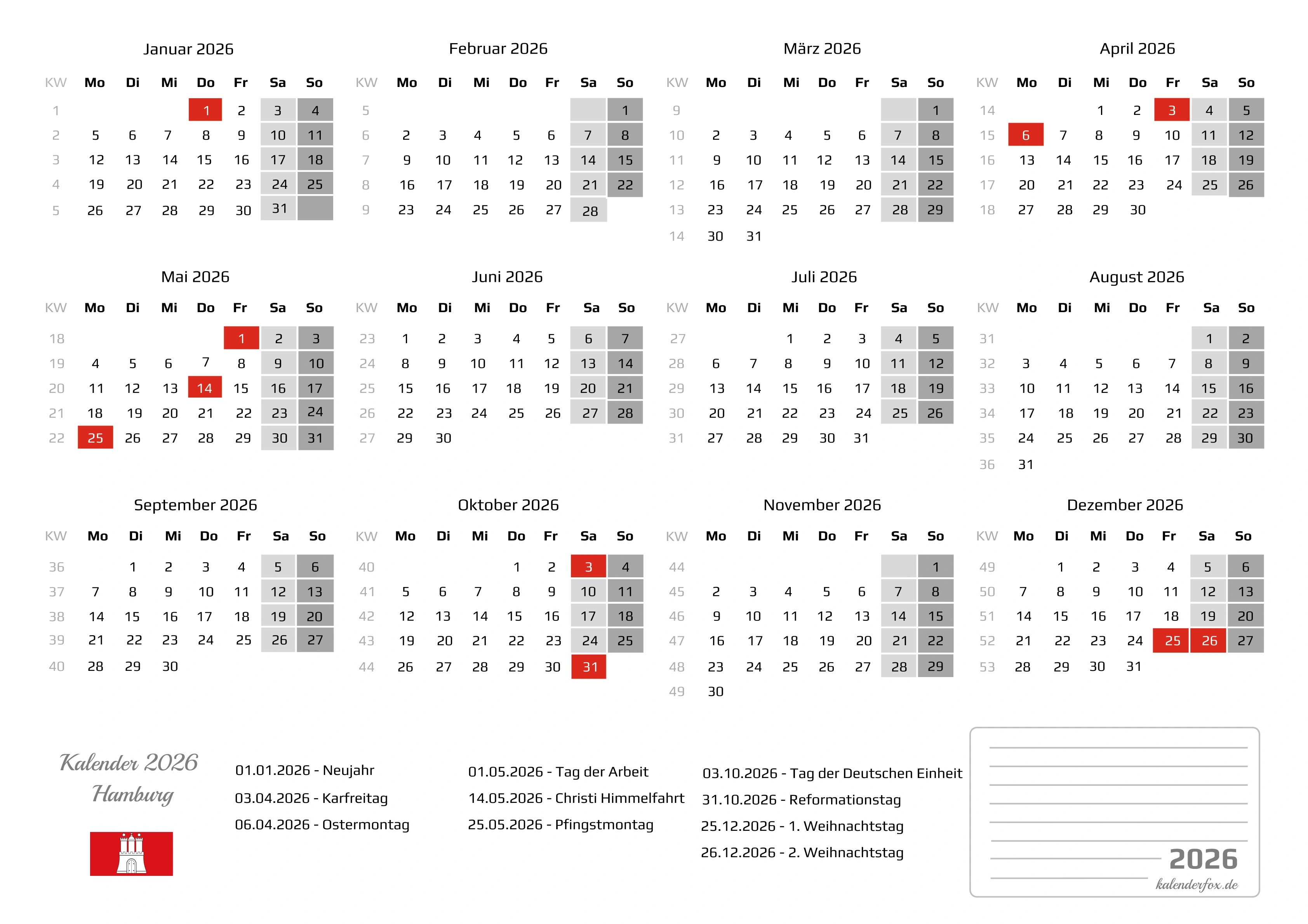 Kalender 2026 Hamburg mit Feiertagen