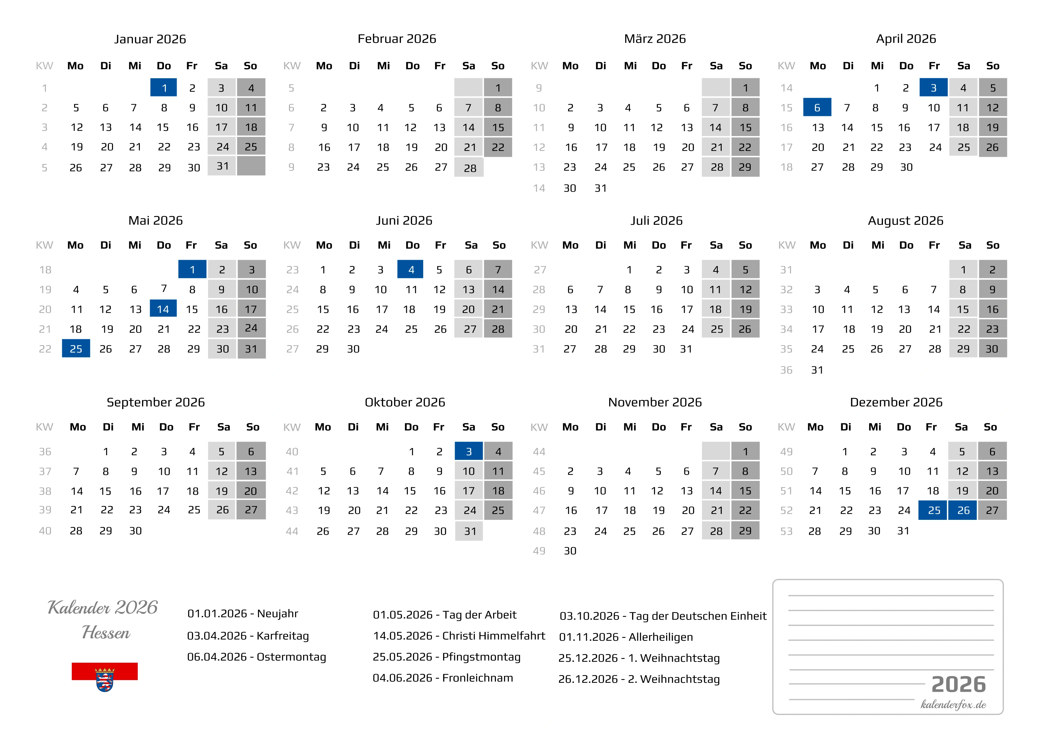 Kalender 2026 Hessen mit Feiertagen