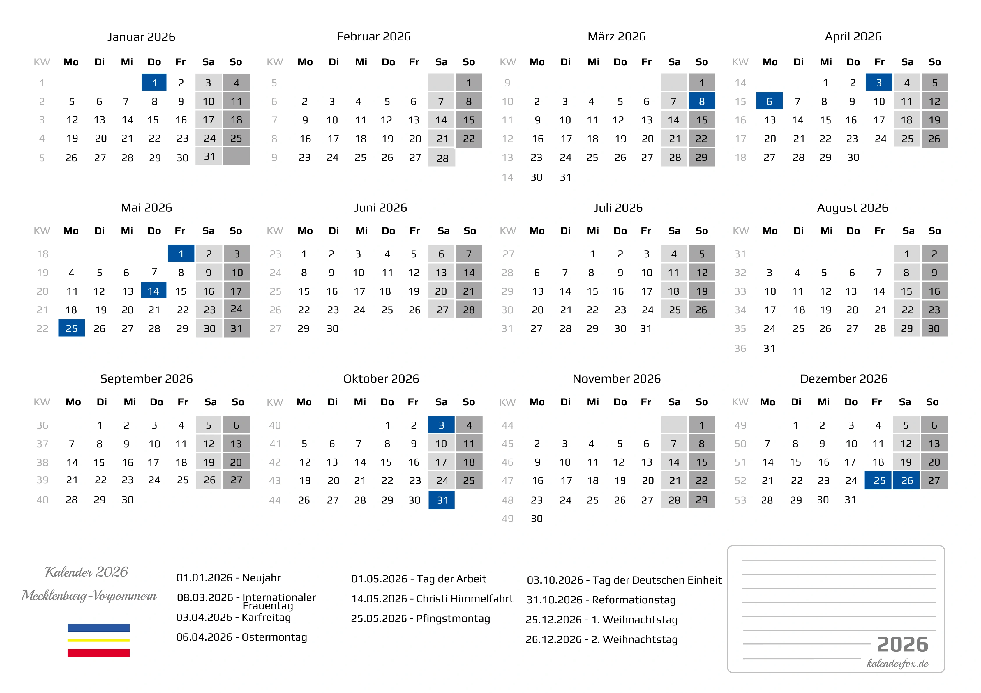 Kalender 2026 Mecklenburg-Vorpommern mit Feiertagen