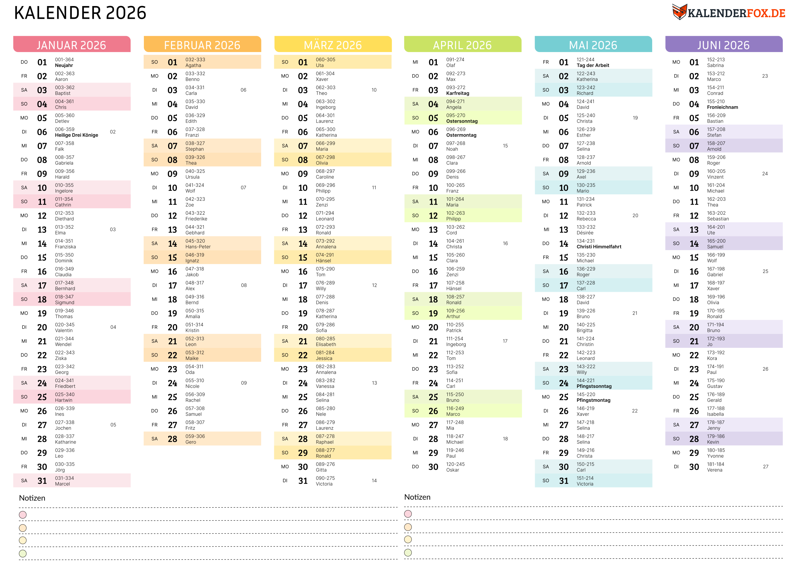Farbenfroh Kalender 2026 mit Feiertagen