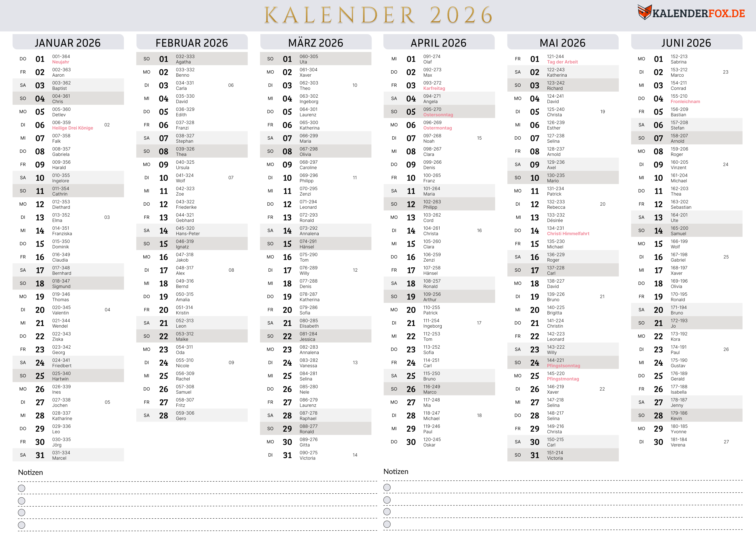 Minimalistisch Kalender 2026 mit Feiertagen