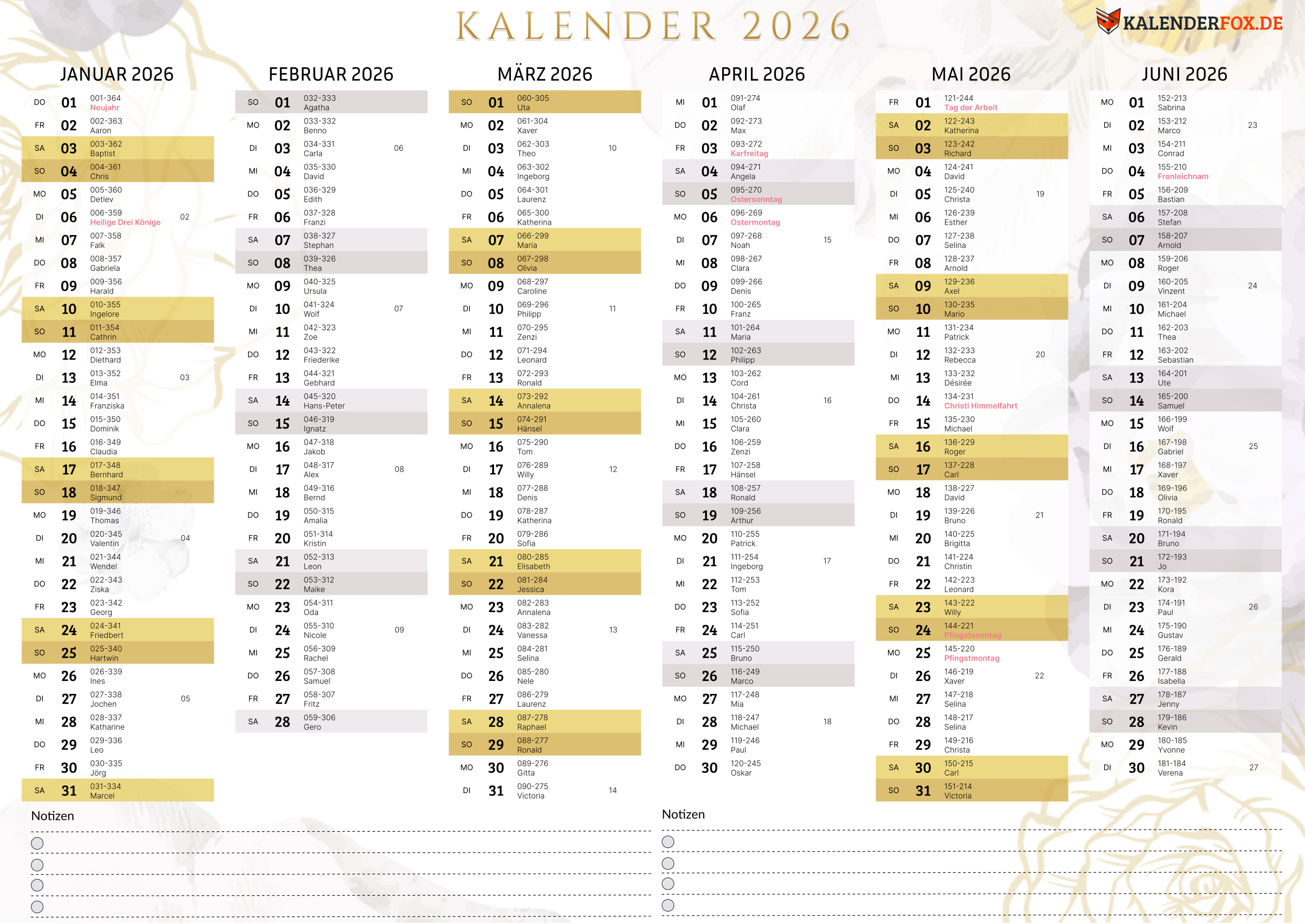 Aesthetic Kalender 2026 mit Feiertagen