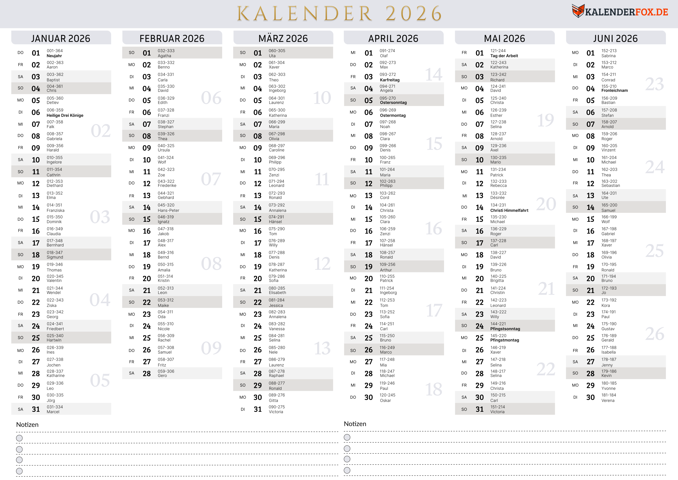 Kalender 2026 Zum Ausdrucken PDF Feitagen Ferien