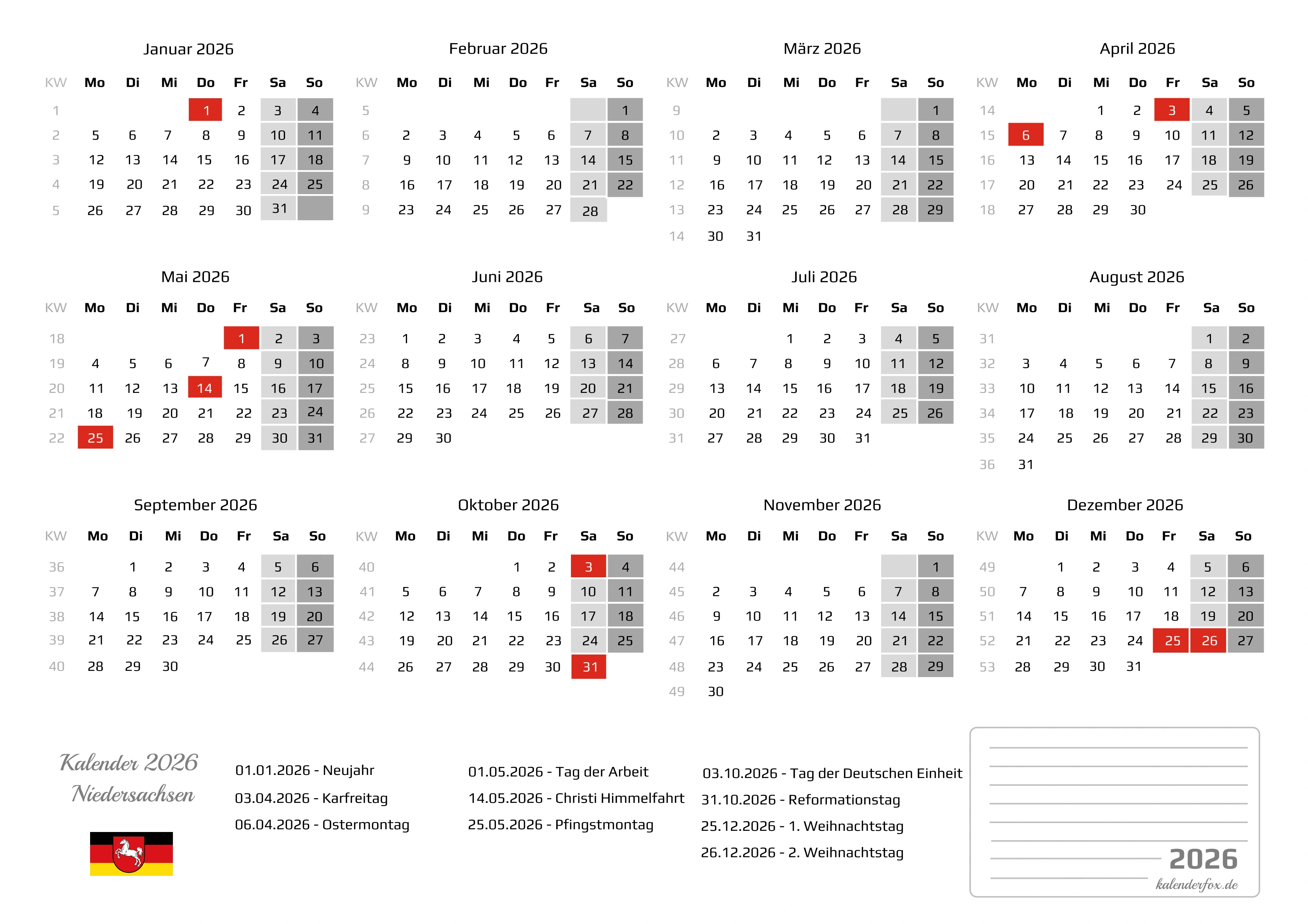 Kalender 2026 Niedersachsen mit Feiertagen