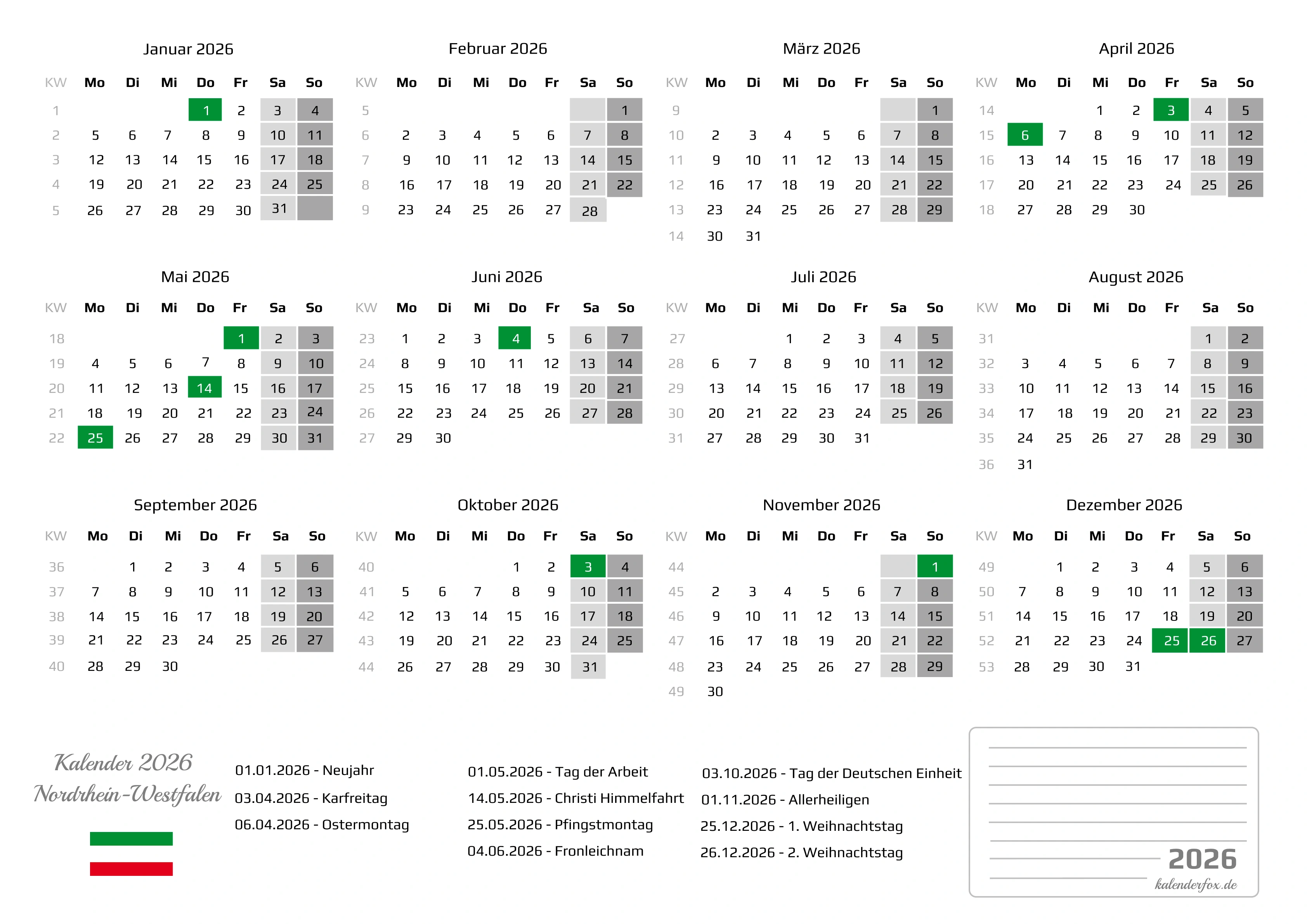Kalender 2026 NRW mit Feiertagen