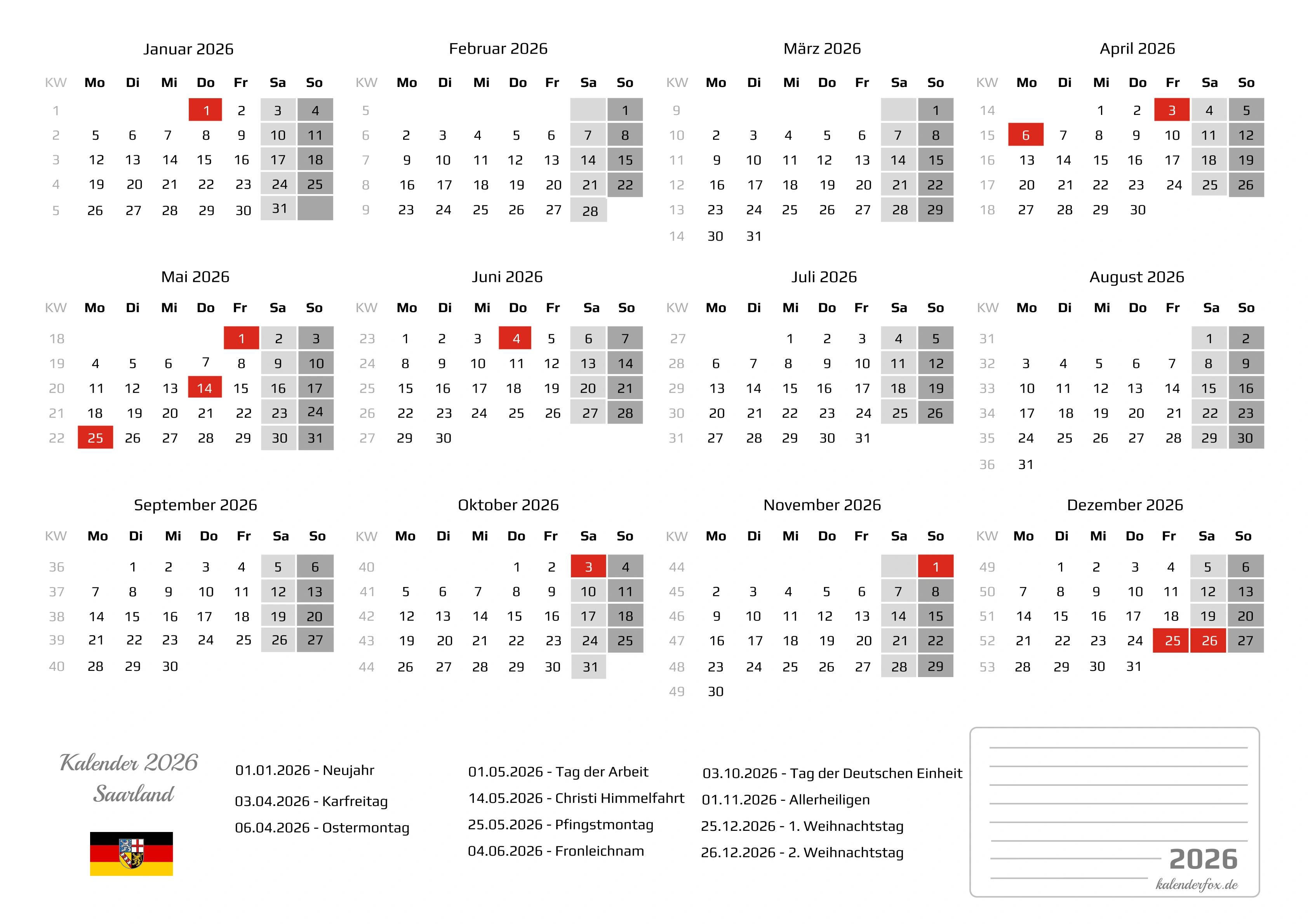 Kalender 2026 Saarland mit Feiertagen