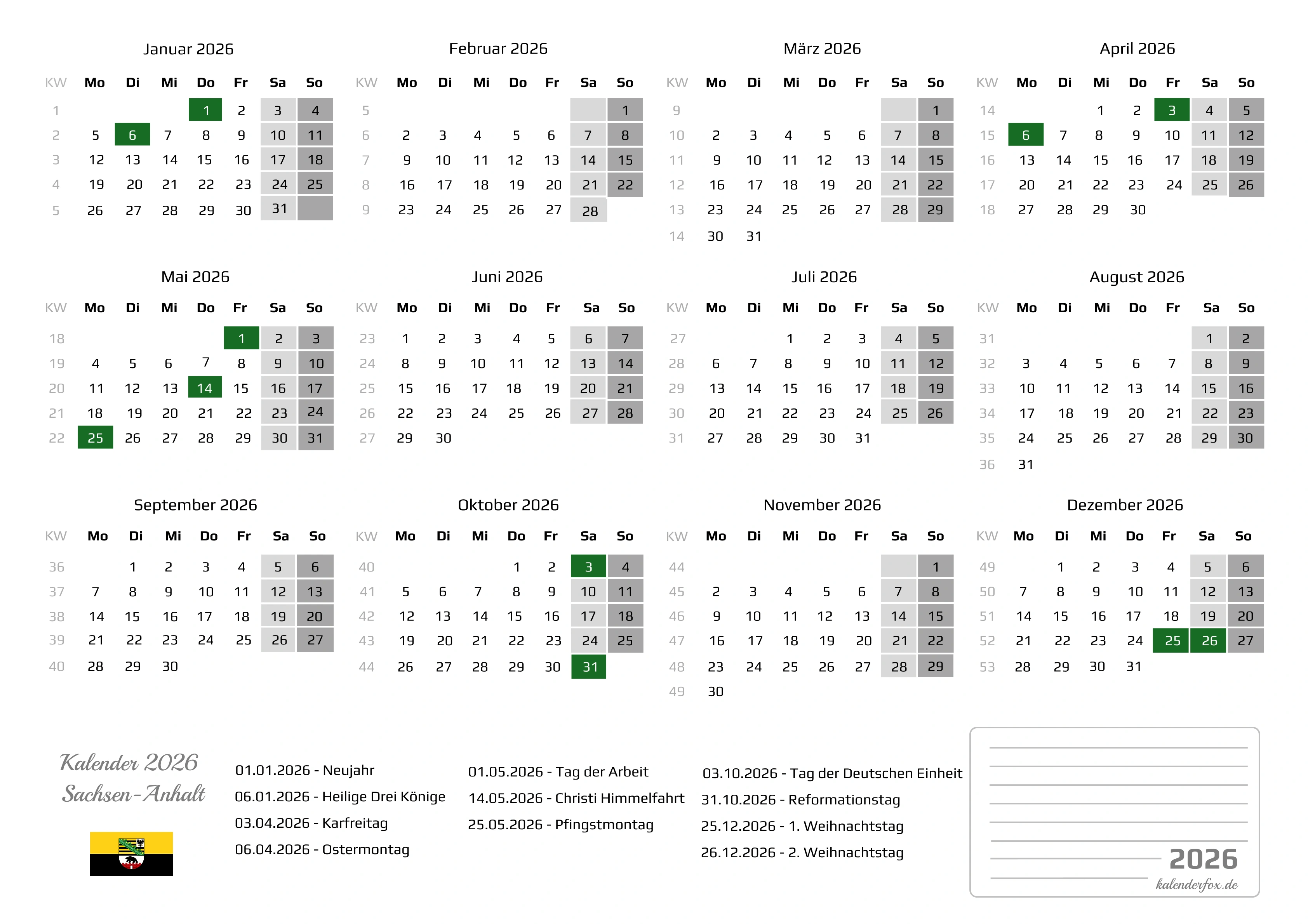 Kalender 2026 Sachsen-Anhalt mit Feiertagen