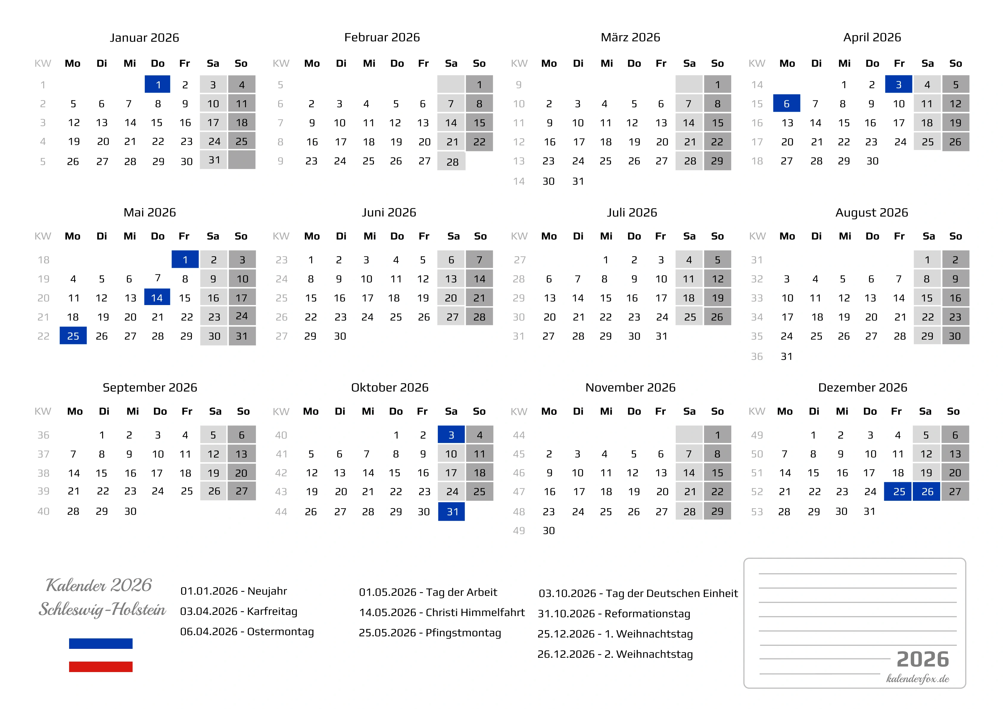 Kalender 2026 Schleswig-Holstein mit Feiertagen