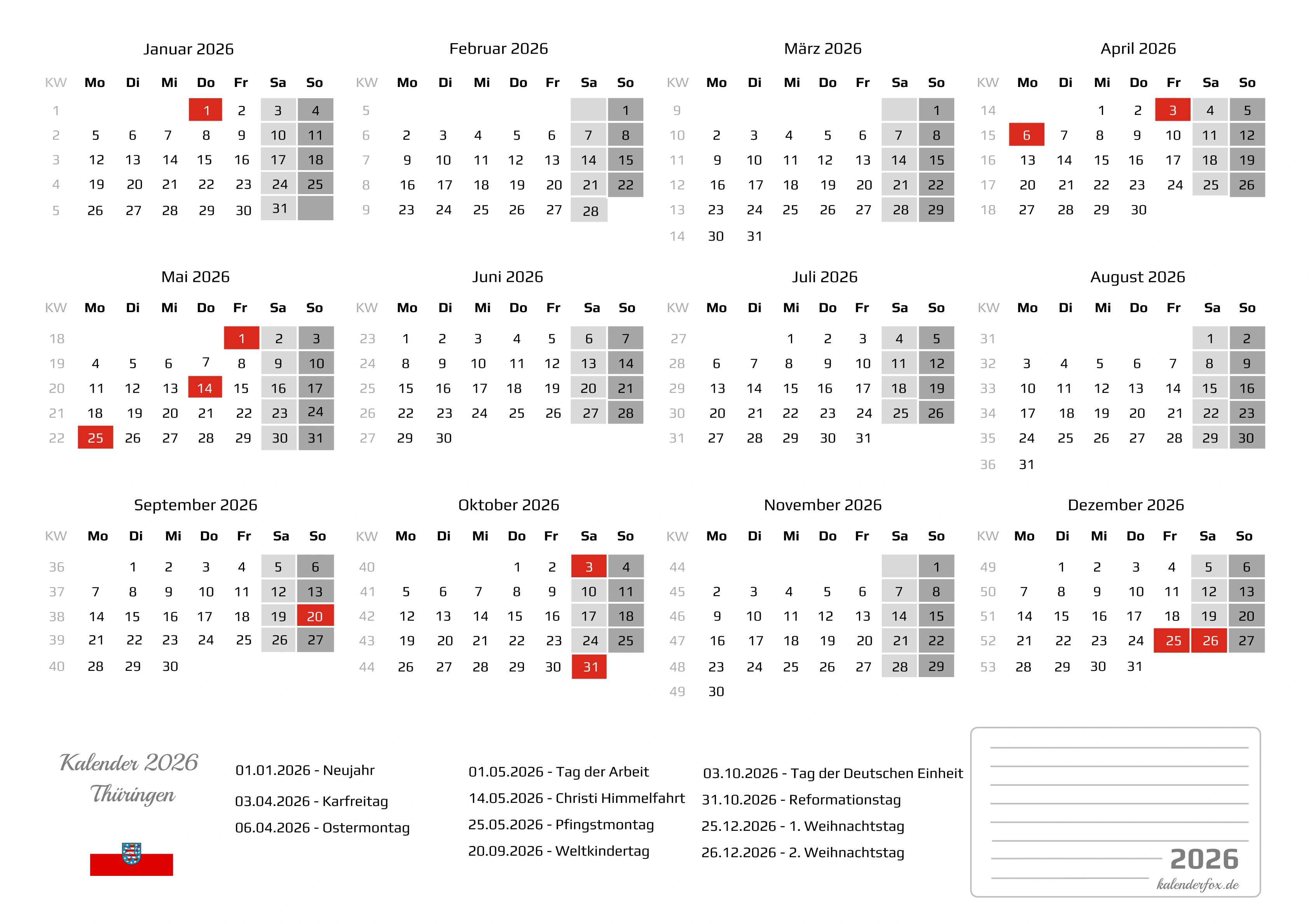 Kalender 2026 Thüringen mit Feiertagen