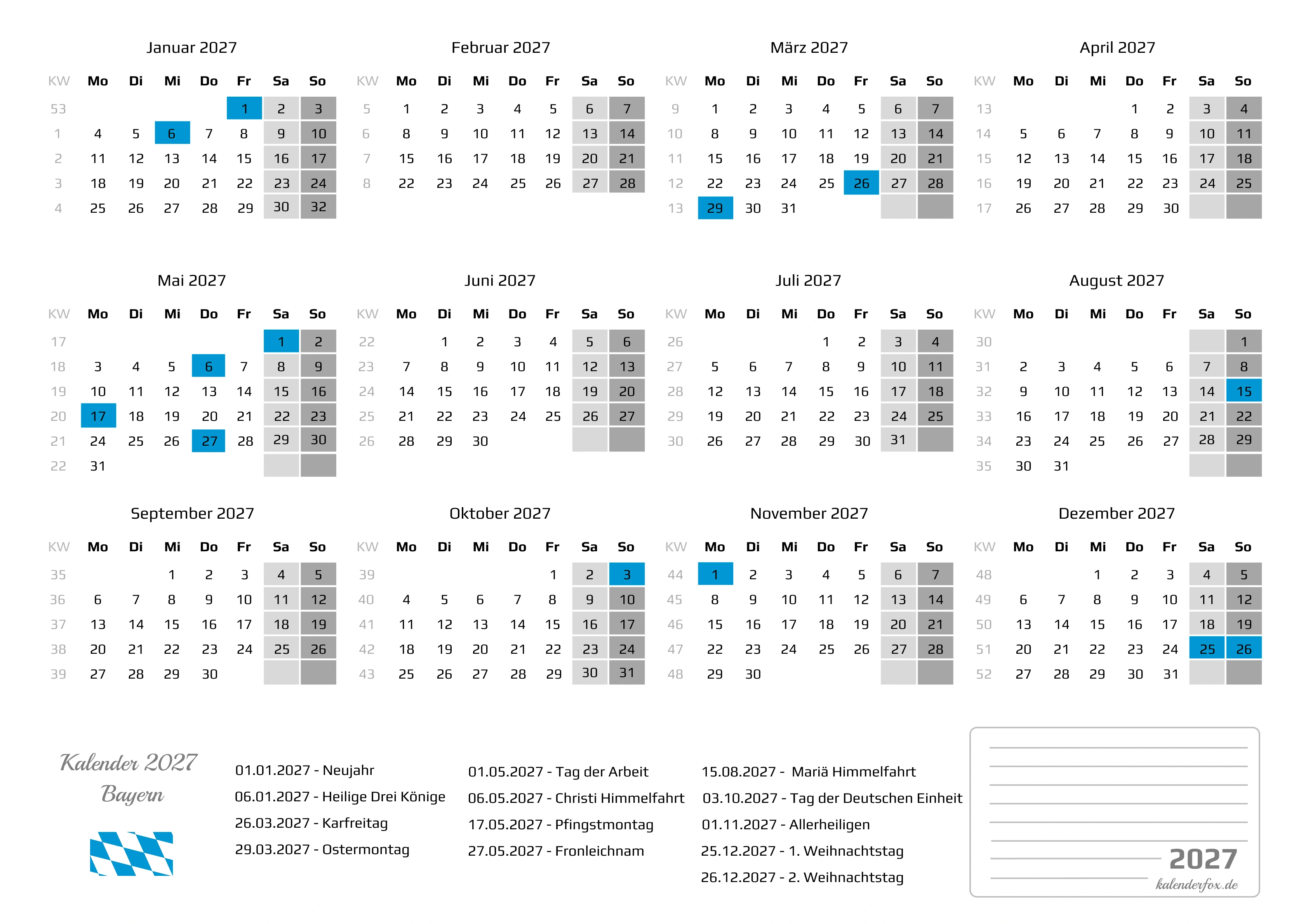 Kalender 2027 Bayern mit Feiertagen
