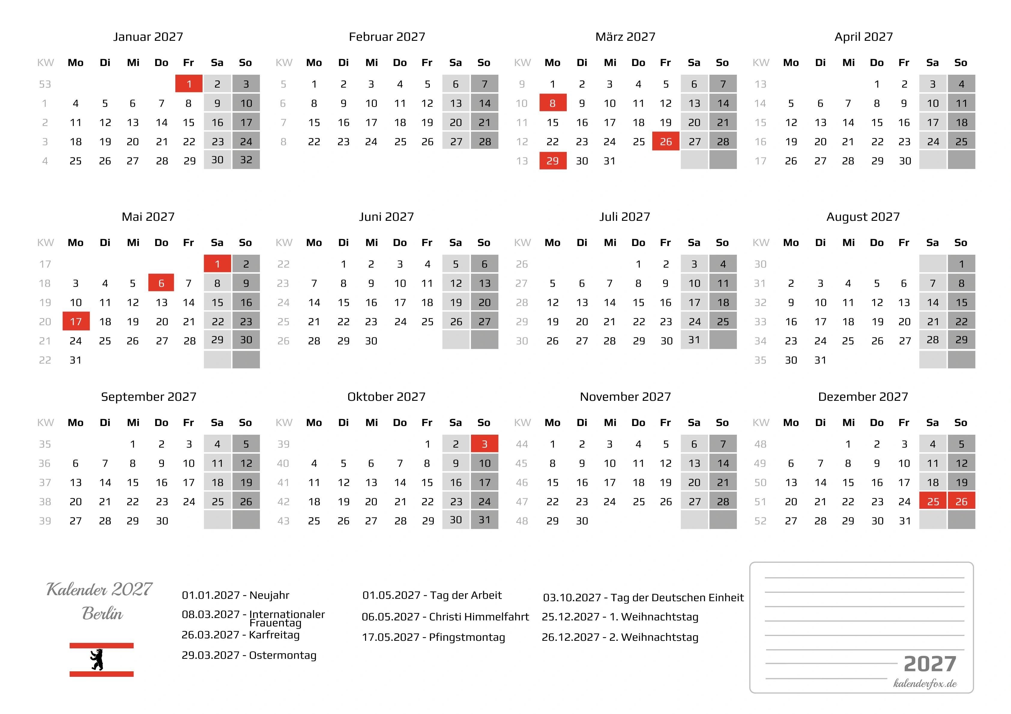 Kalender 2027 Berlin mit Feiertagen