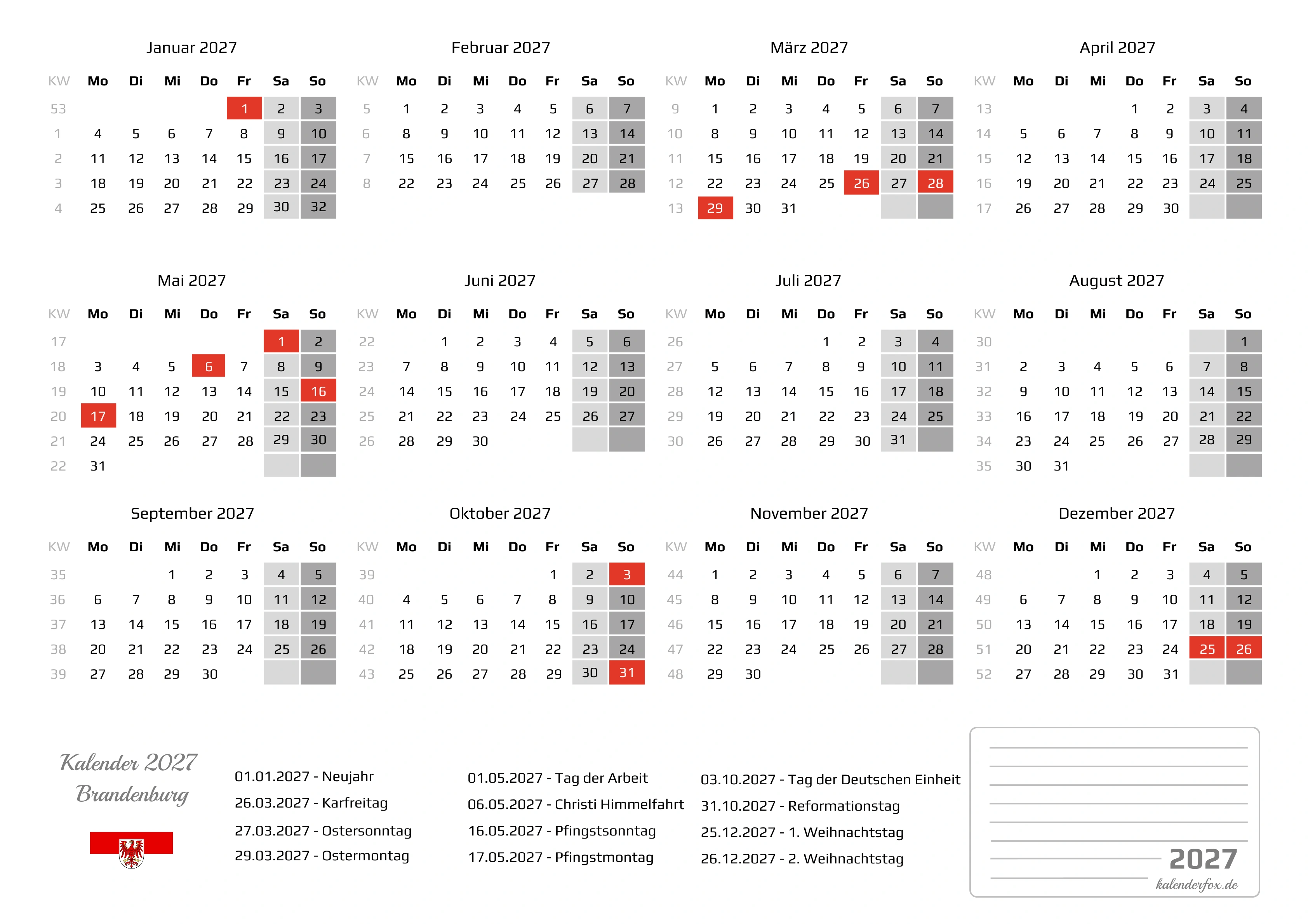 Kalender 2027 Brandenburg mit Feiertagen