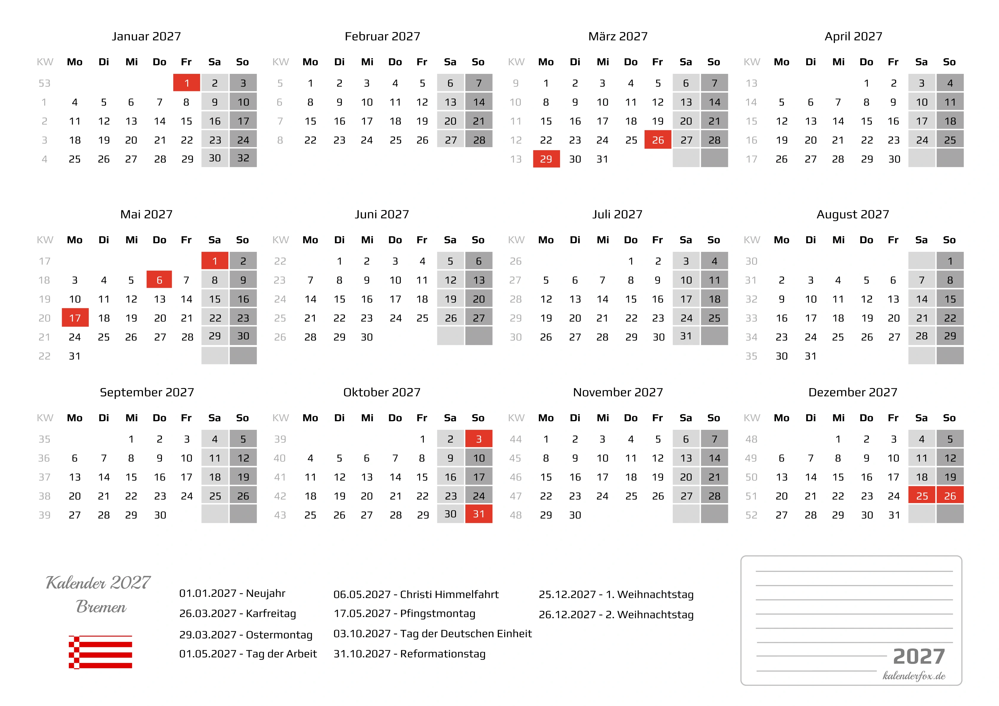 Kalender 2027 Bremen mit Feiertagen