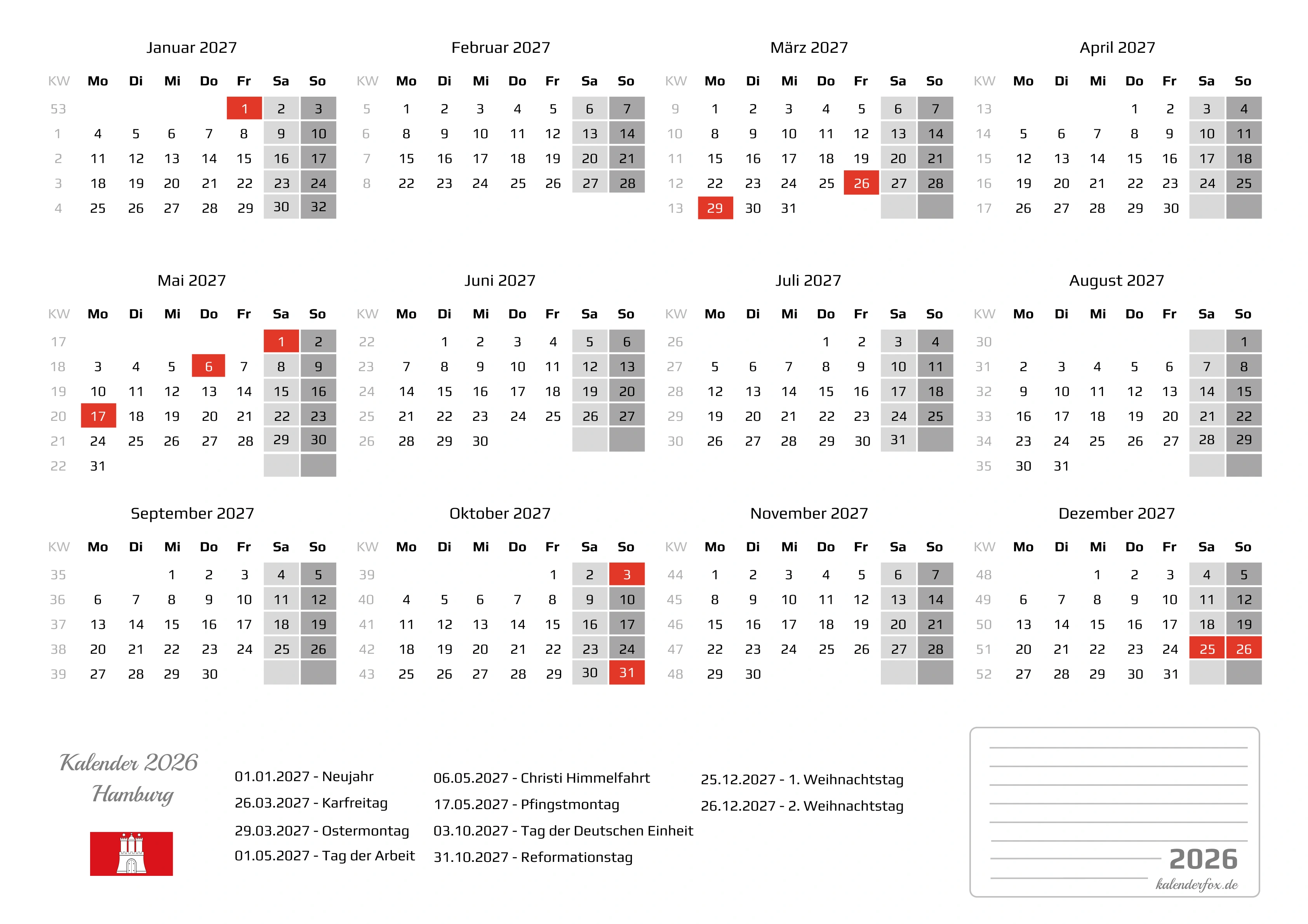 Kalender 2027 Hamburg mit Feiertagen