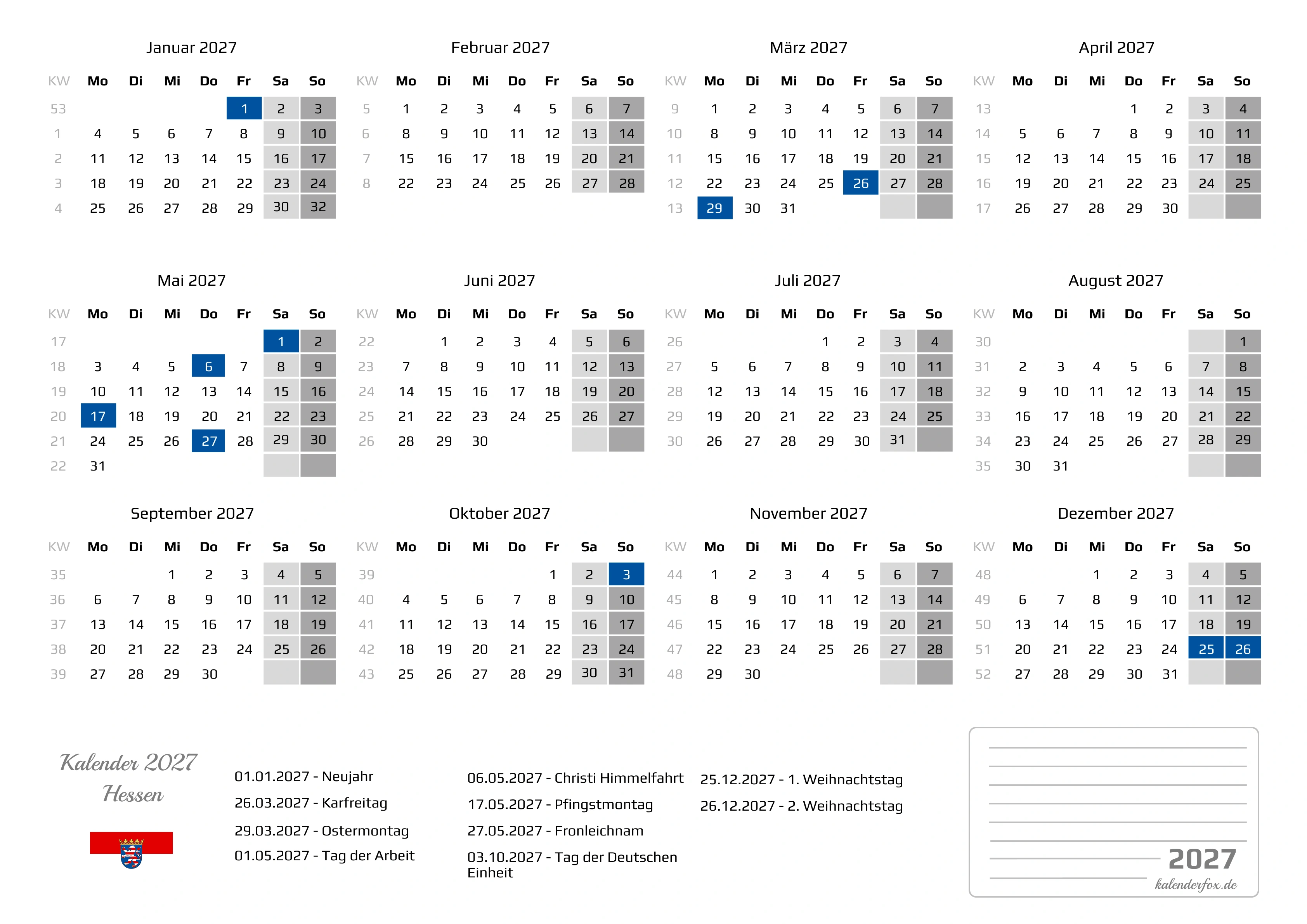 Kalender 2027 Hessen mit Feiertagen