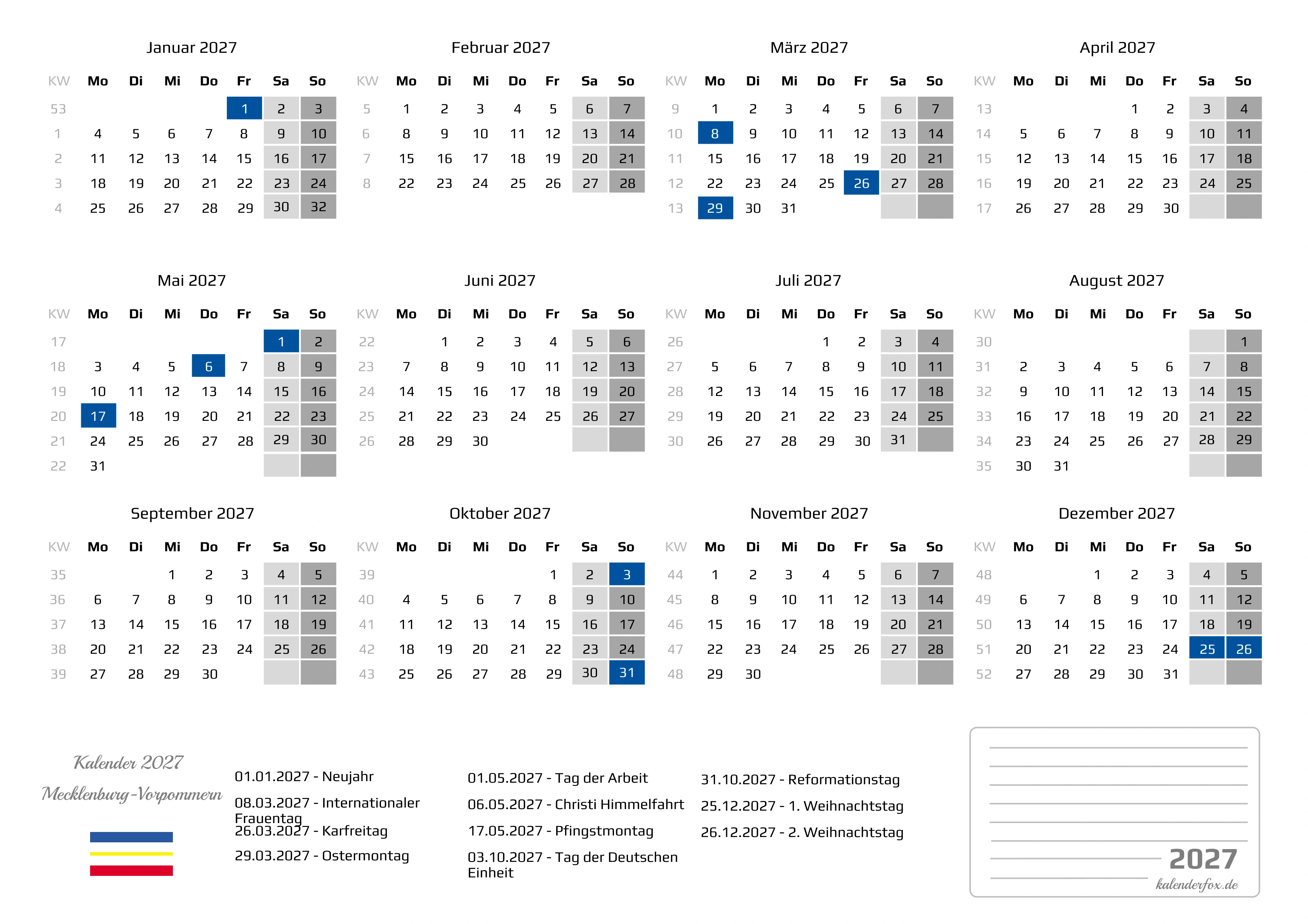 Kalender 2027 Mecklenburg-Vorpommern mit Feiertagen