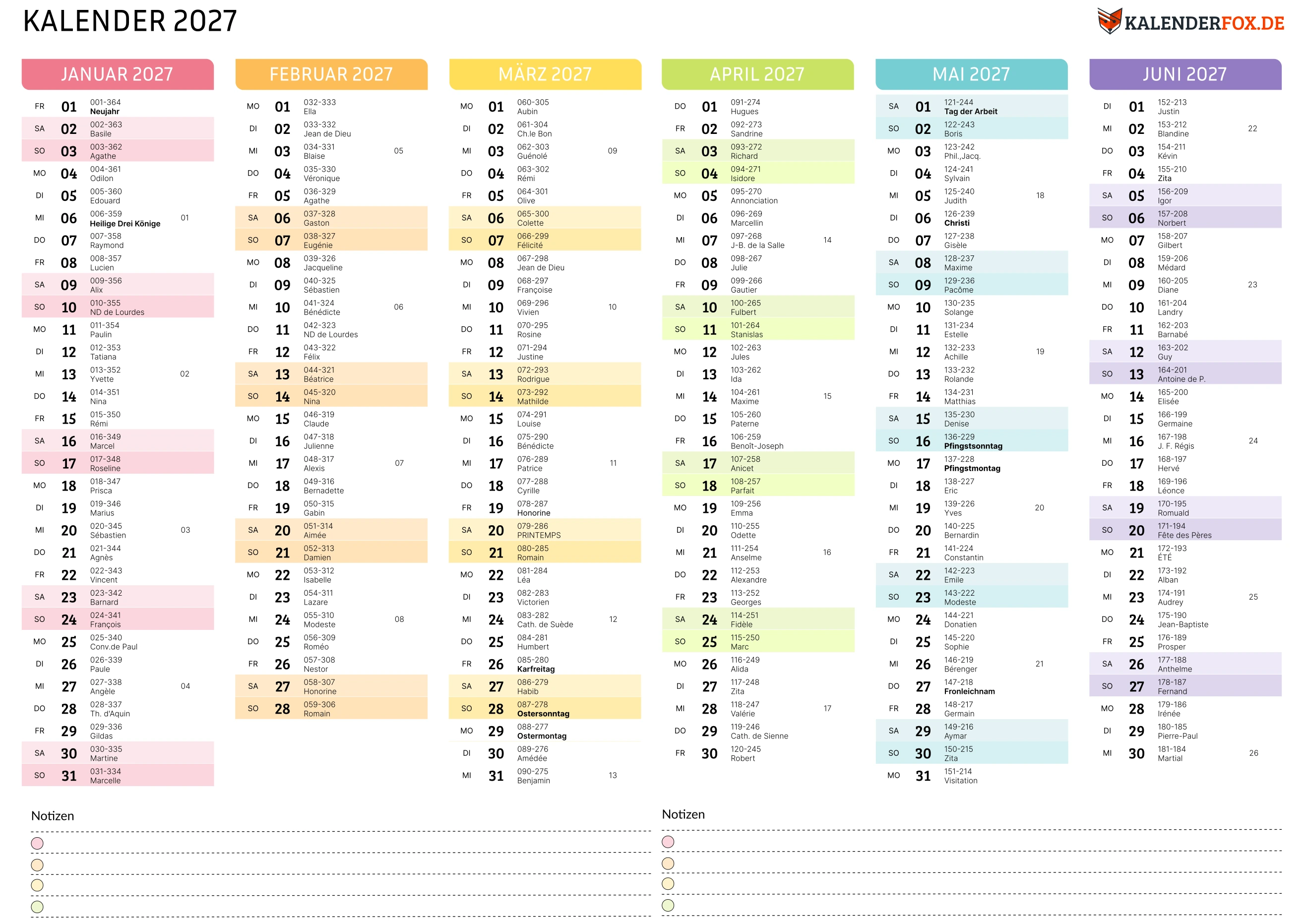 Farbenfroh Kalender 2027 mit Feiertagen