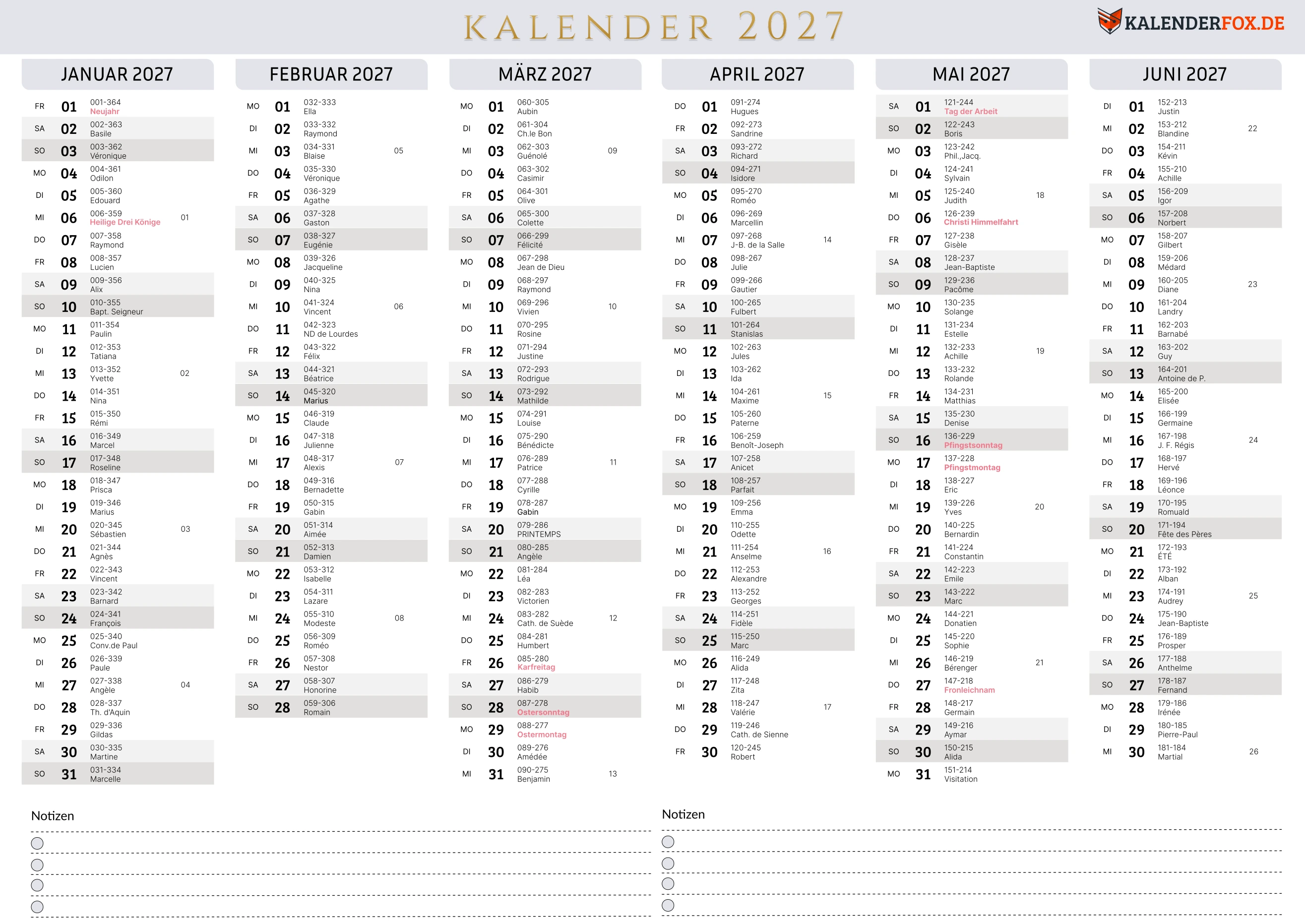 Minimalistisch Kalender 2027 mit Feiertagen