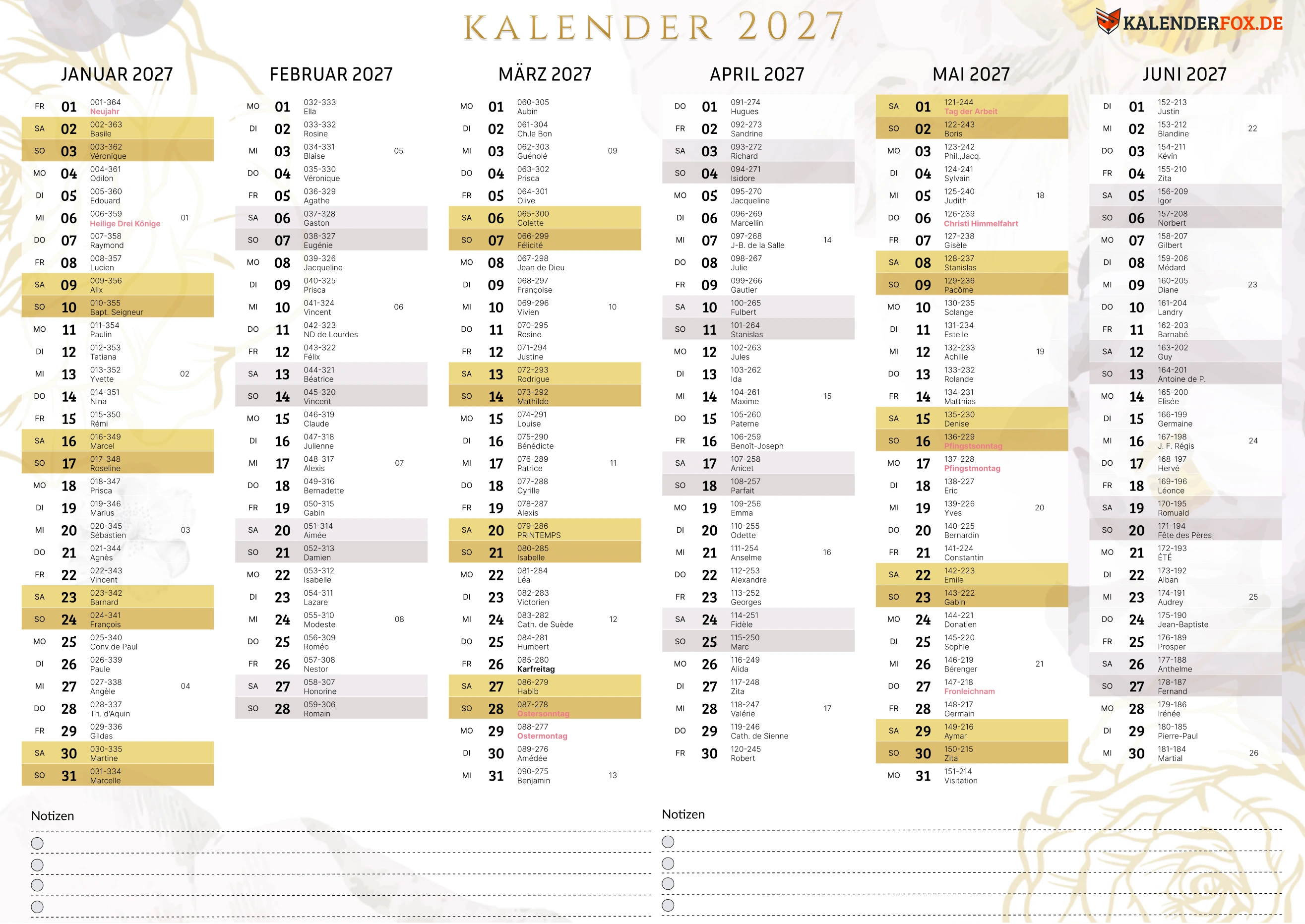Aesthetic Kalender 2027 mit Feiertagen