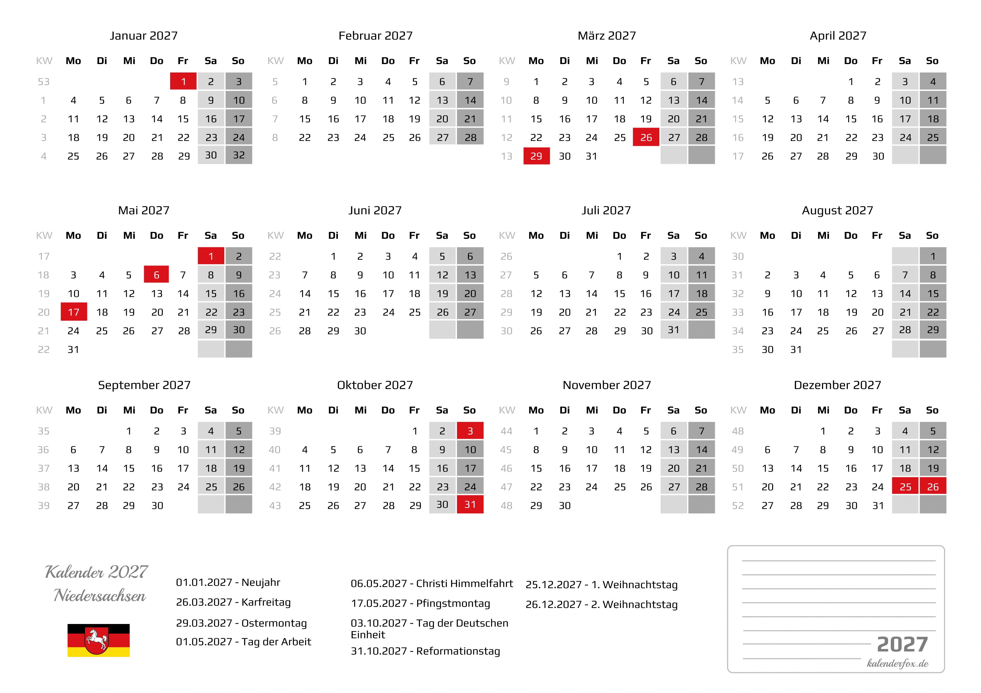 Kalender 2027 Niedersachsen mit Feiertagen