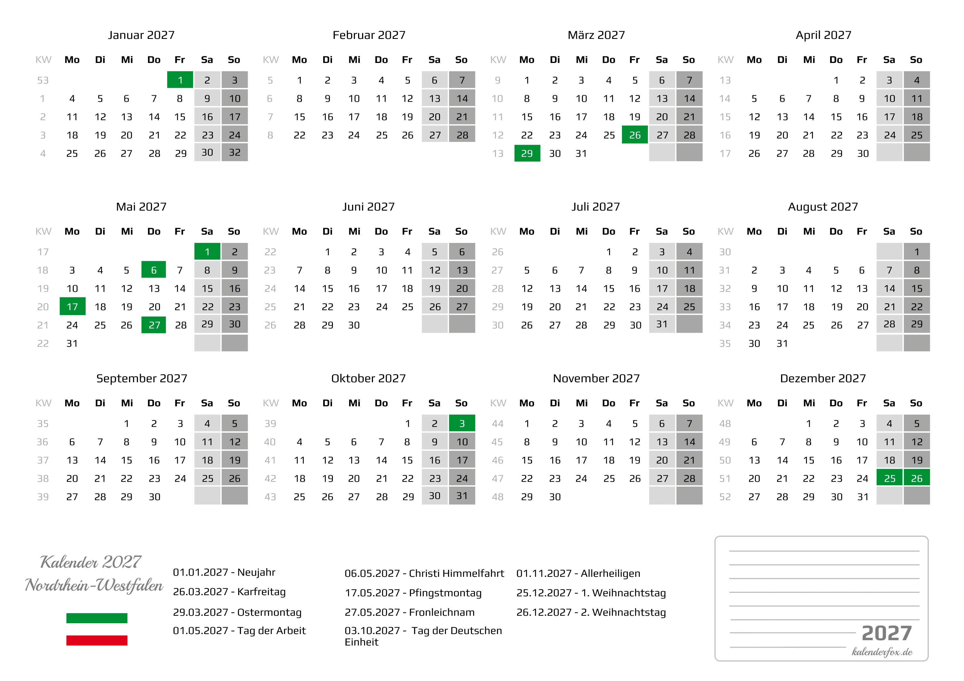 Kalender 2027 NRW mit Feiertagen