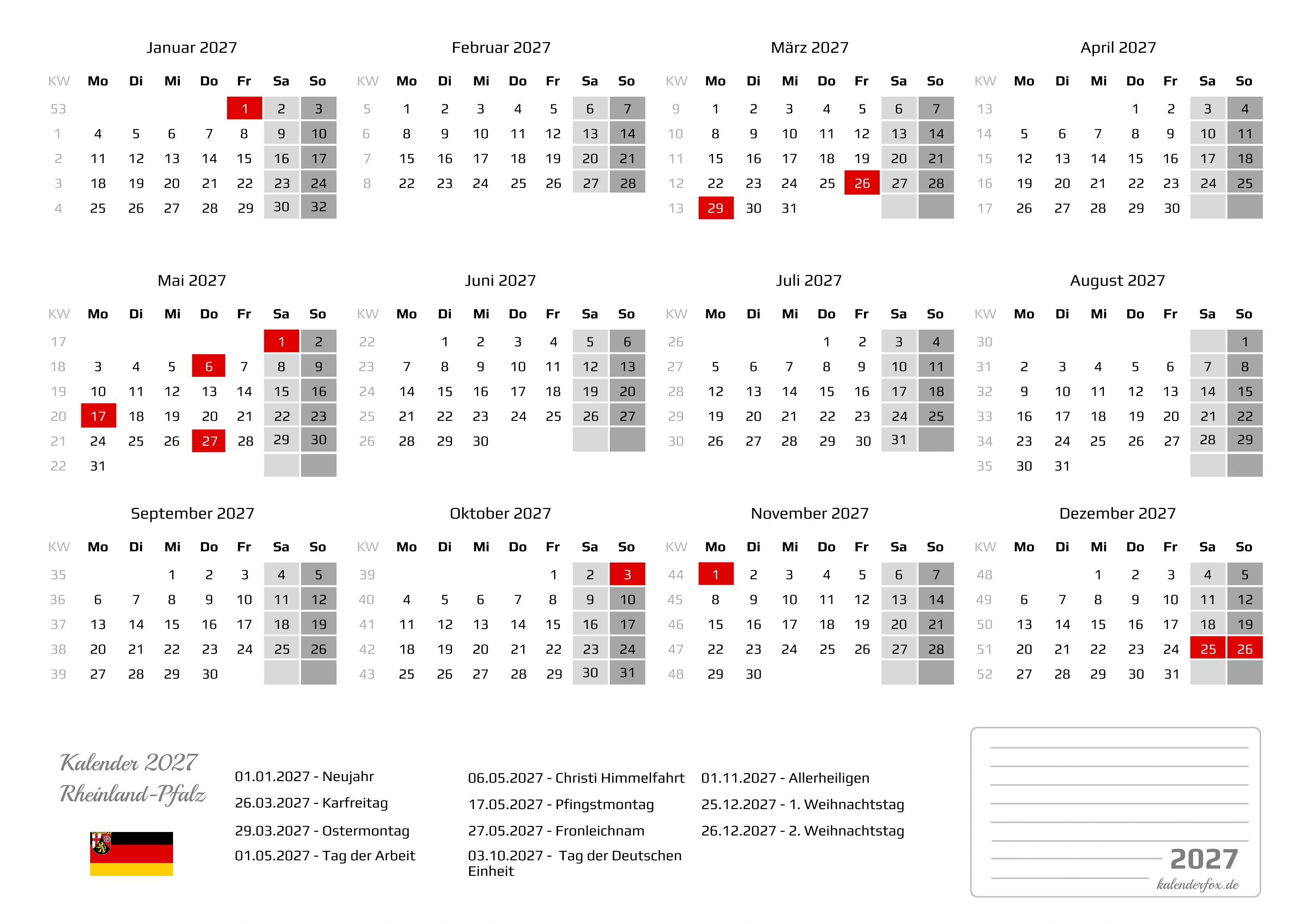 Kalender 2027 Rheinland-Pfalz mit Feiertagen