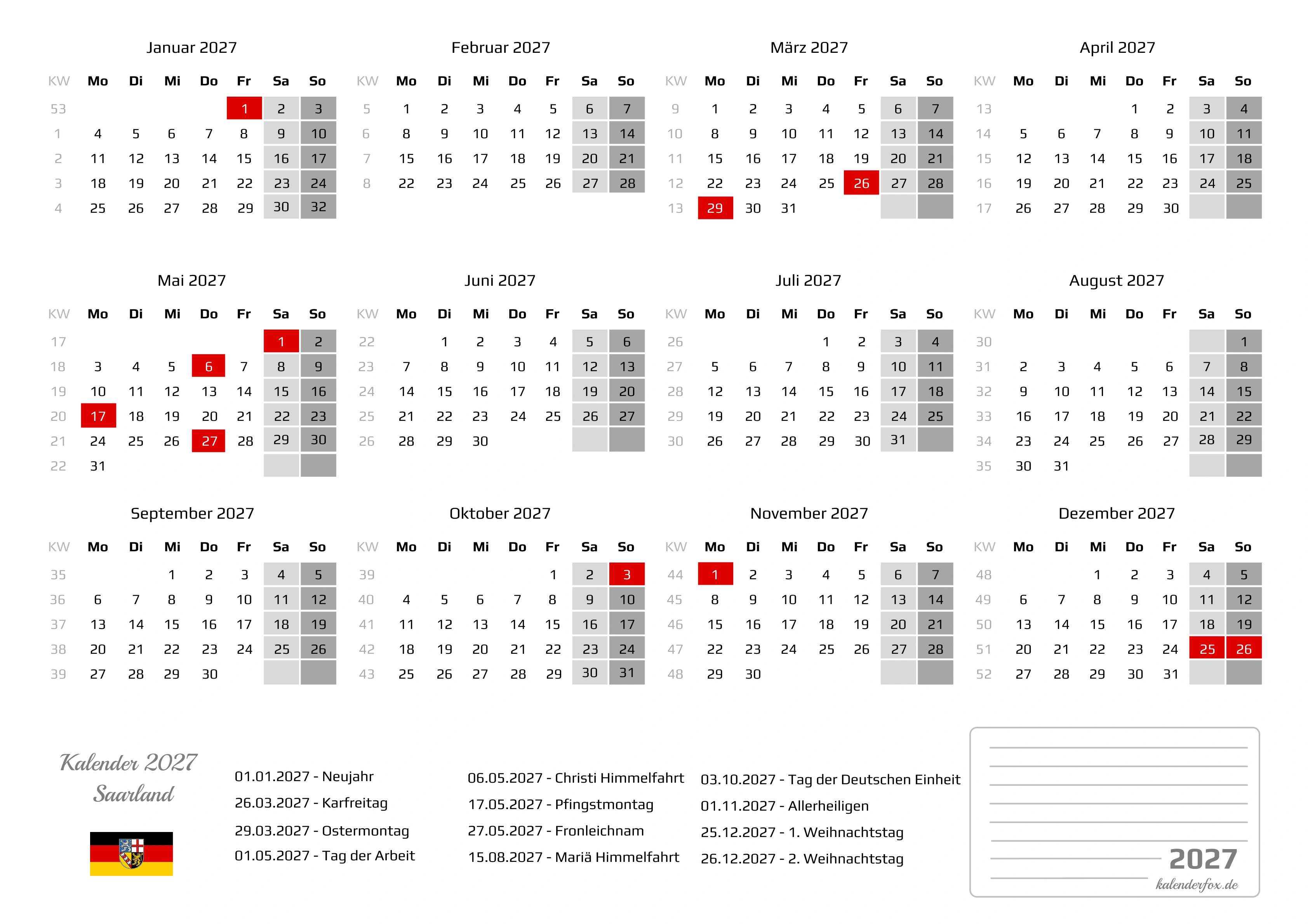 Kalender 2027 Saarland mit Feiertagen
