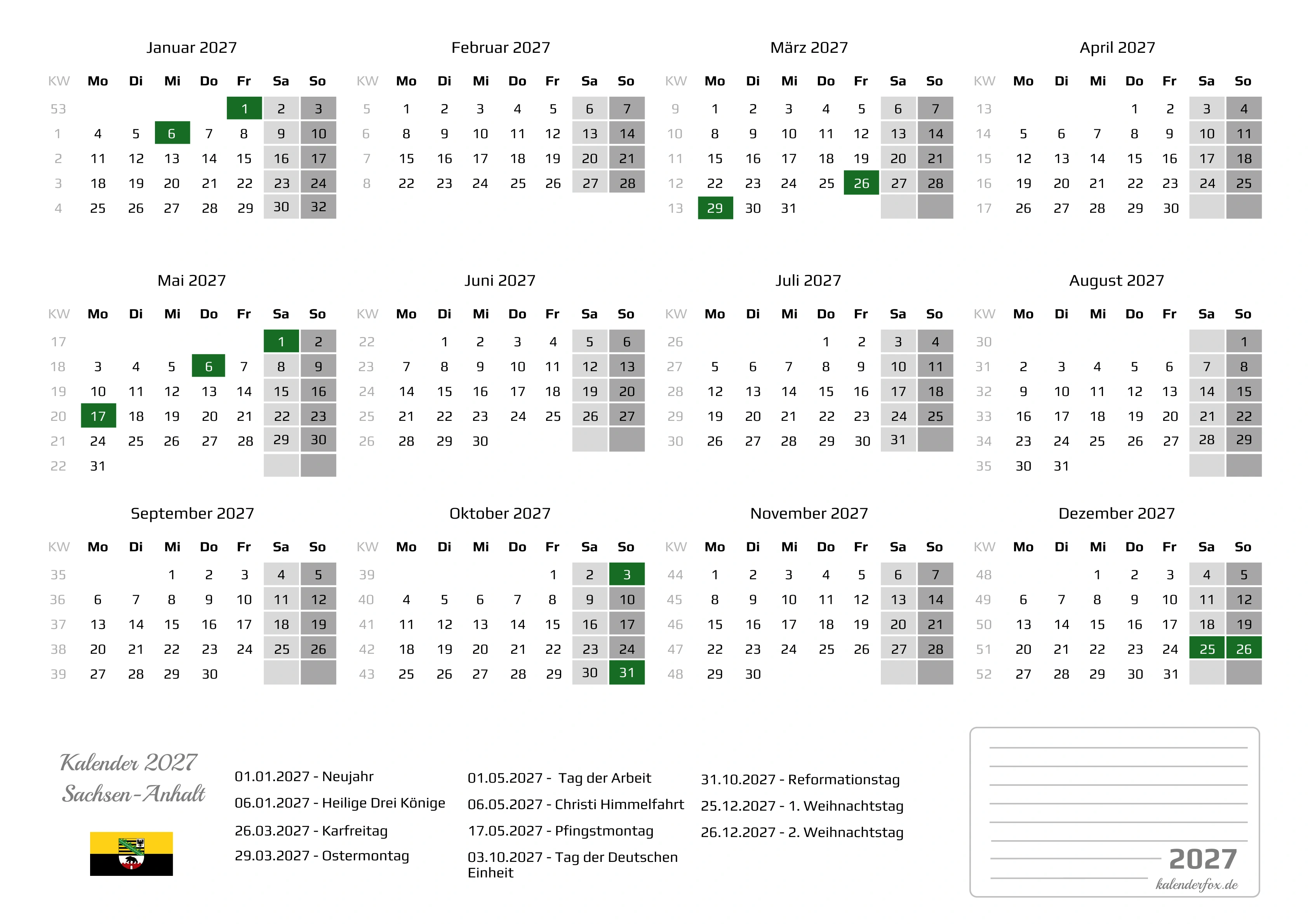 Kalender 2027 Sachsen-Anhalt mit Feiertagen