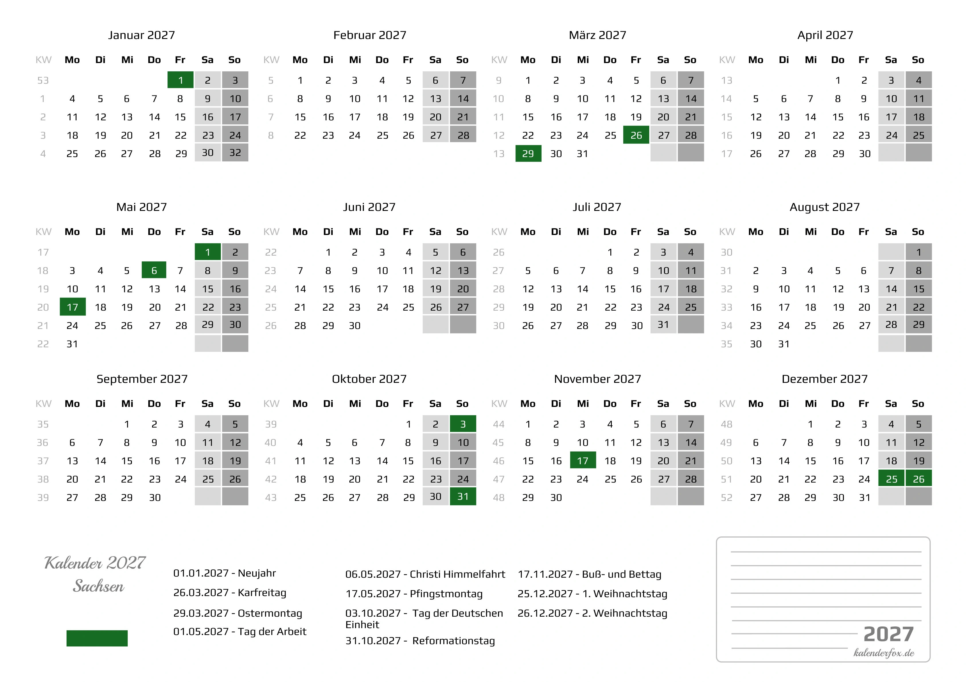 Kalender 2027 Sachsen mit Feiertagen