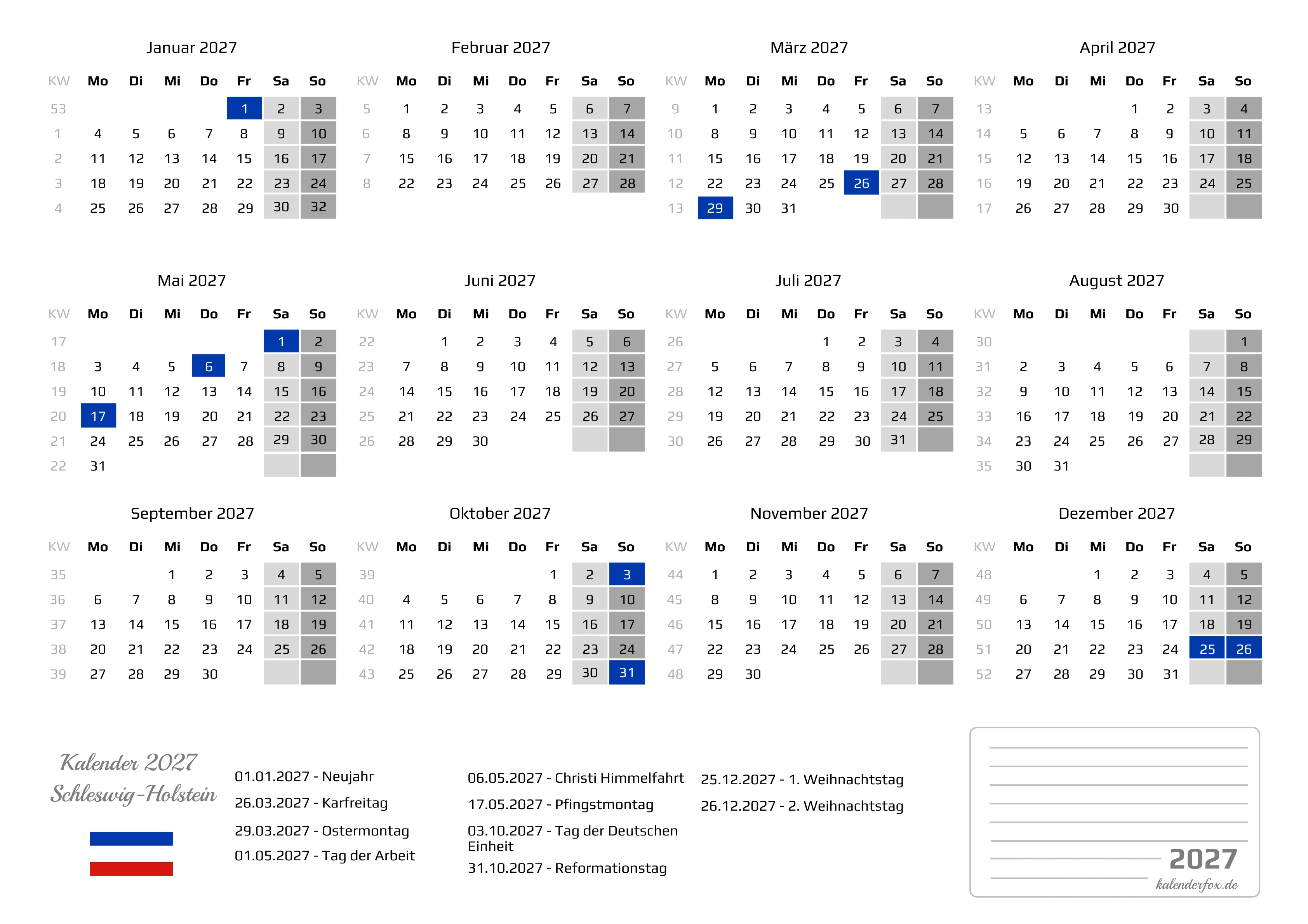 Kalender 2027 Schleswig-Holstein mit Feiertagen