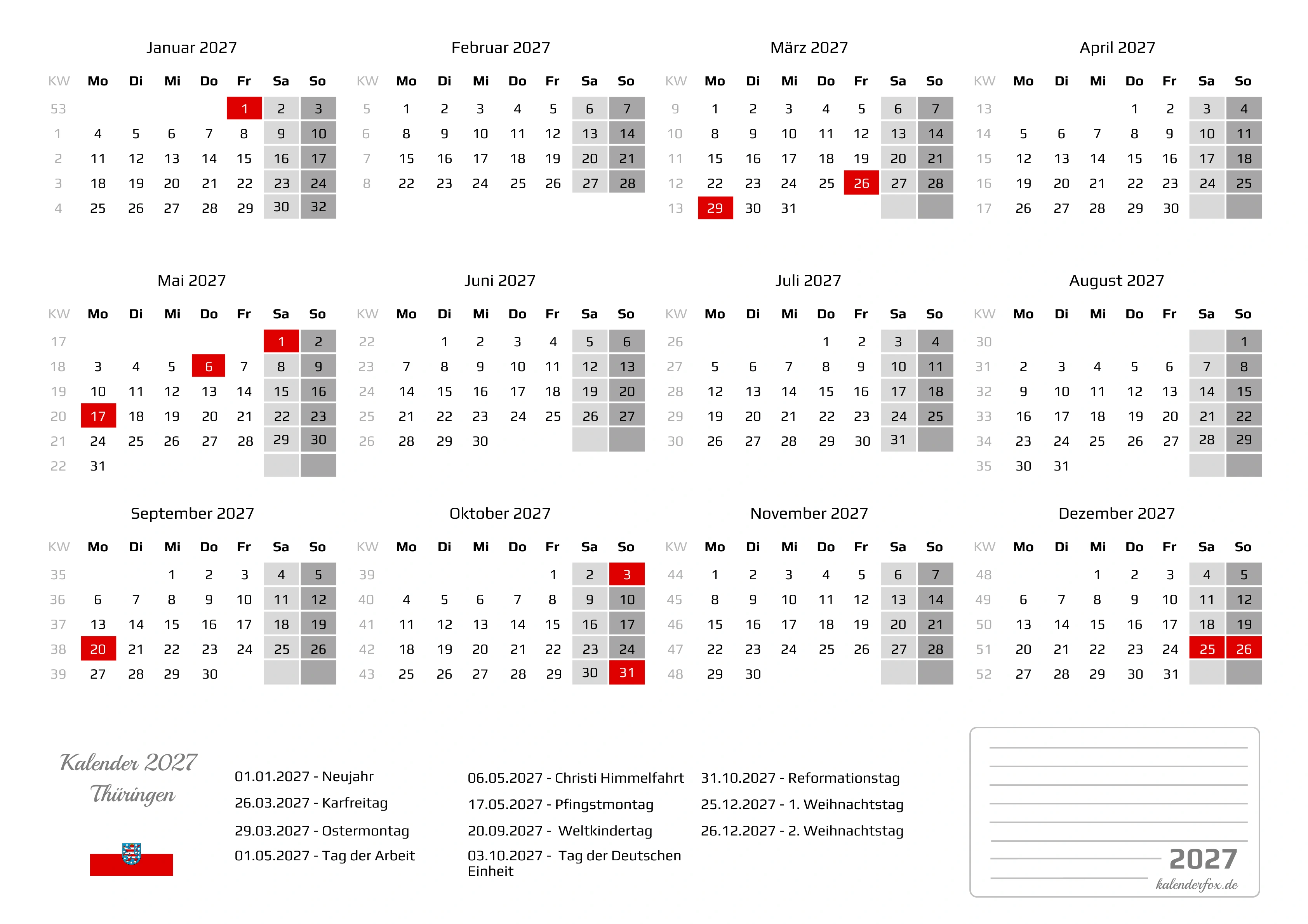 Kalender 2027 Thüringen mit Feiertagen
