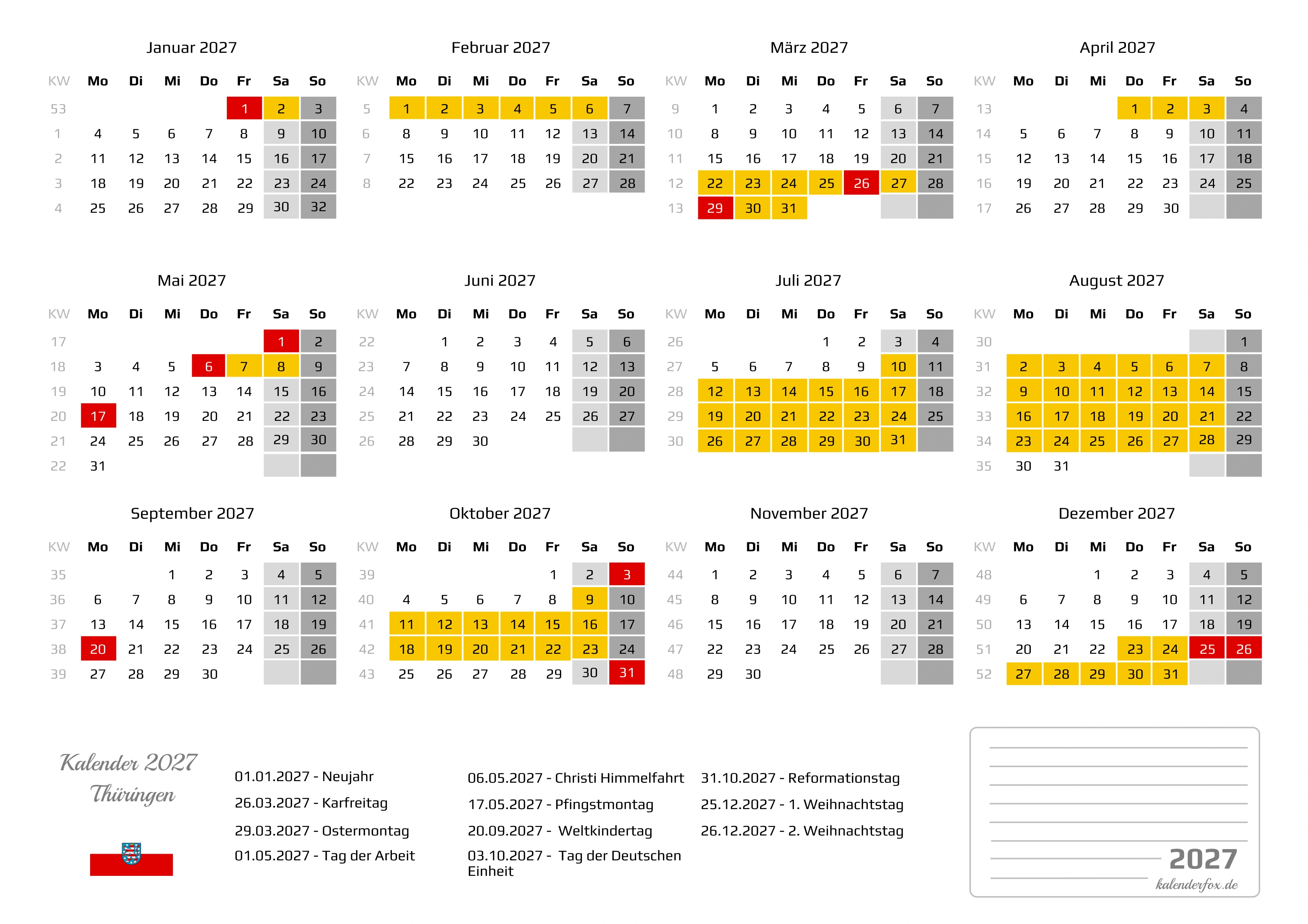 Kalender 2027 Zum Ausdrucken PDF Feitagen Ferien