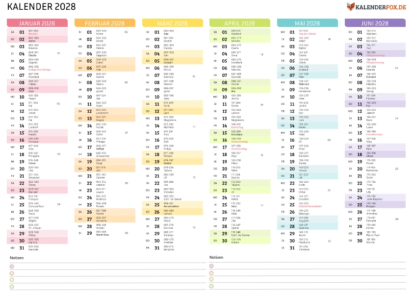 Farbenfroh Kalender 2028 mit Feiertagen