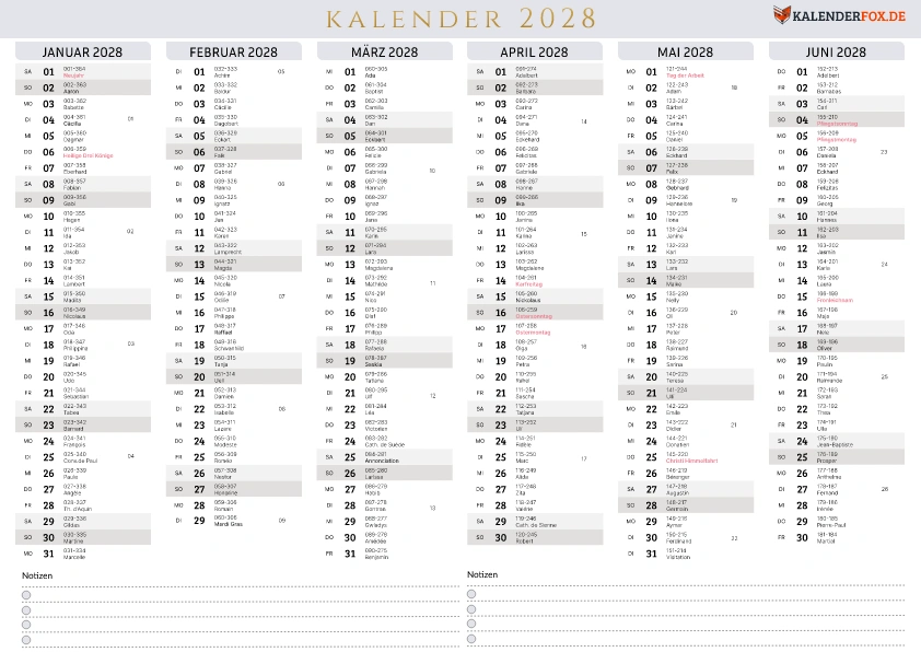 Minimalistisch Kalender 2028 mit Feiertagen